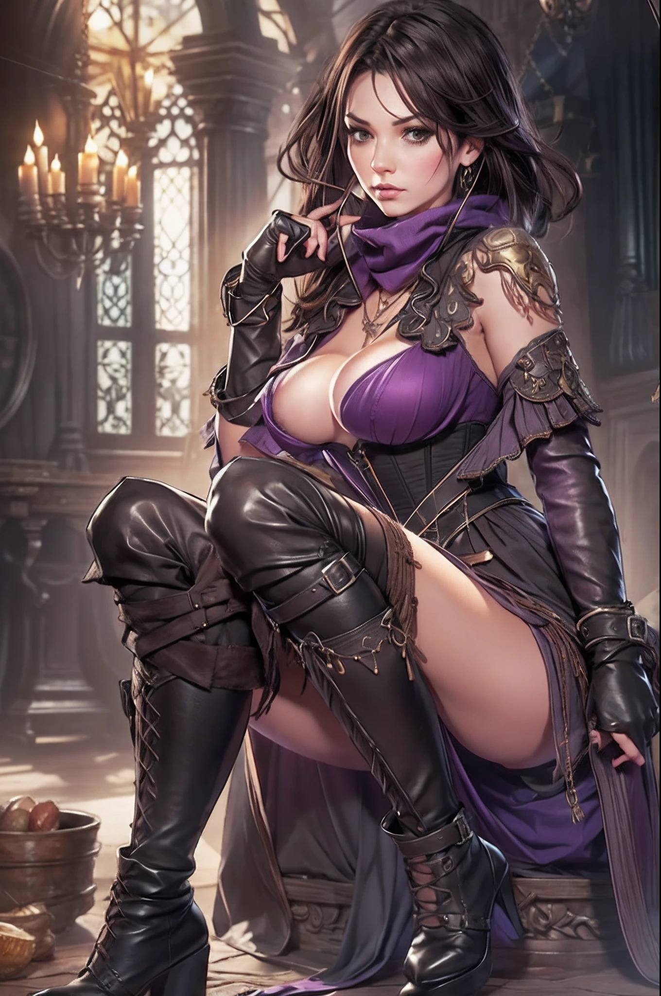 Game Art design, Octopath Traveler 2, 1girl, throne anguis, (solo:1.4), 1girl, black hair, huge breasts, cleavage, plumb ass, thick thighs, thin waist, collarbone, corset, purple clothes, dagger, high heel boots, holding dagger, jewelry, knee boots, necklace, poncho short hair, side slit, seductive pose, extremely detailed face and eyes, absurdes, beautiful shadow and lighting, ambient occlusion, tavern background