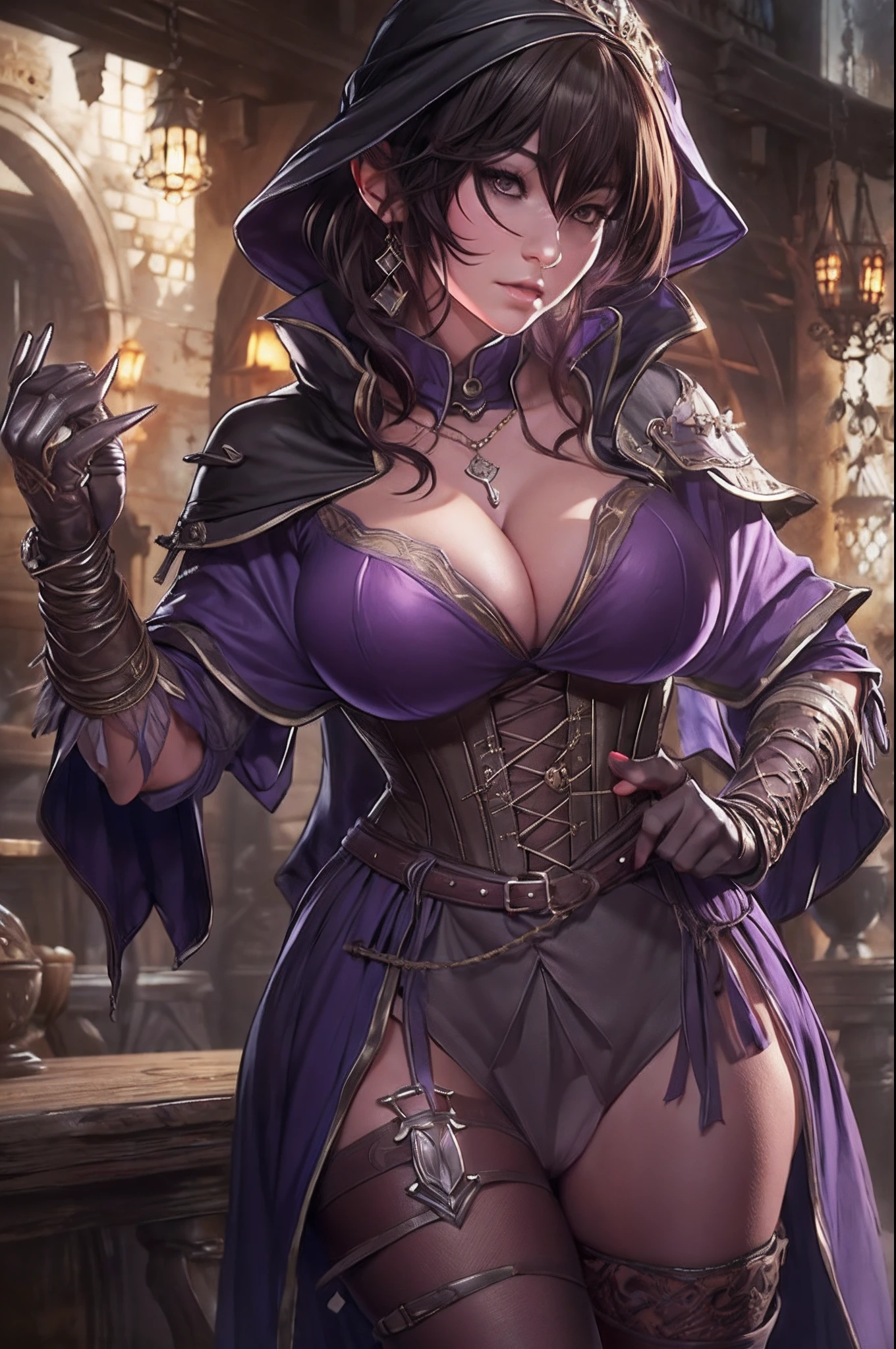 Game Art design, Octopath Traveler 2, 1girl, throne anguis, (solo:1.4), 1girl, black hair, huge breasts, cleavage, plumb ass, thick thighs, thin waist, collarbone, corset, purple clothes, dagger, high heel boots, holding dagger, jewelry, knee boots, necklace, poncho short hair, side slit, seductive pose, extremely detailed face and eyes, absurdes, beautiful shadow and lighting, ambient occlusion, tavern background