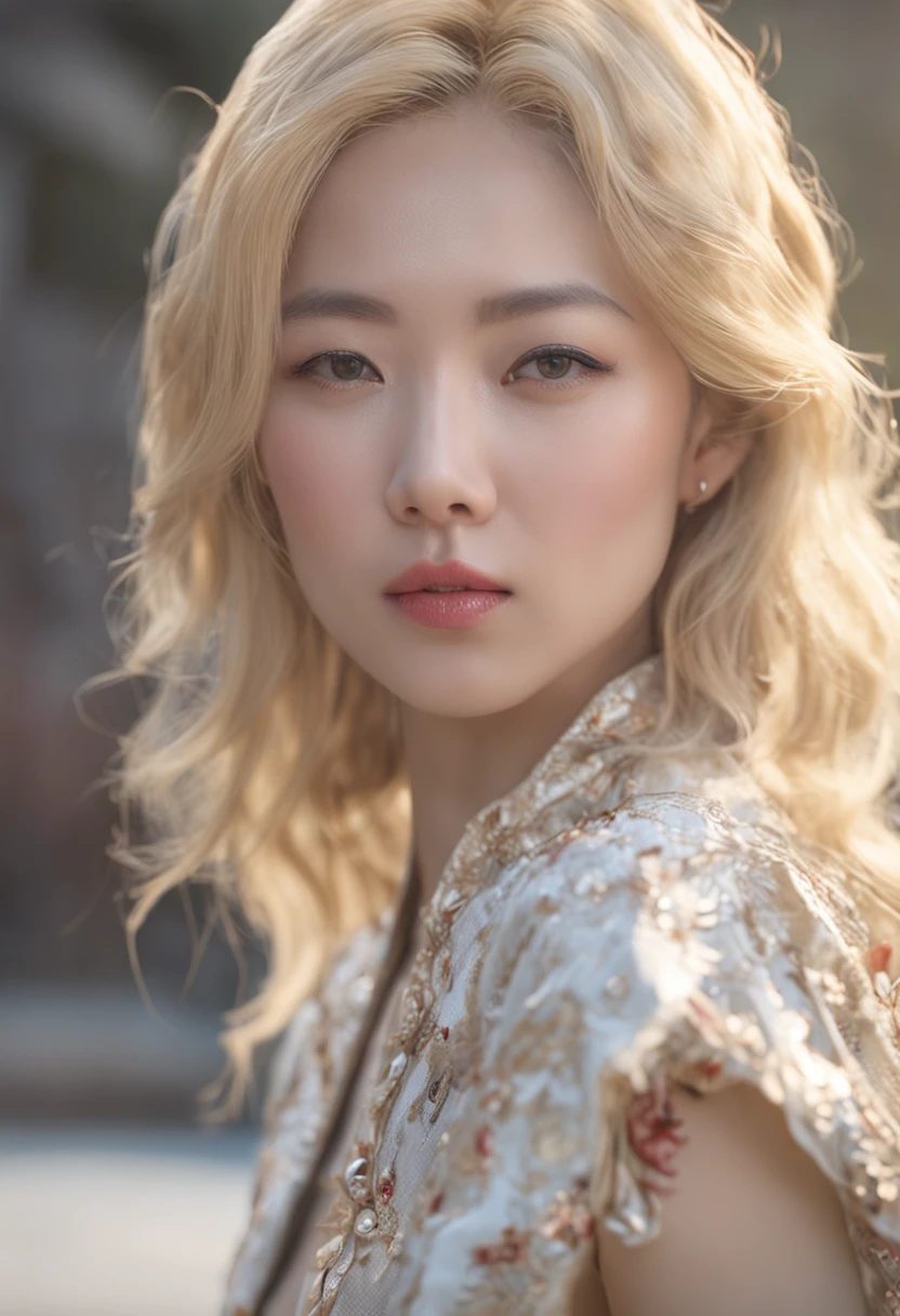 (8K、RAW Photos、top-quality、​masterpiece:1.2)、(realisitic、Photorealsitic:1.37)、1girl in、Beautiful Caucasian girl with bright blonde hair、White skin、30-years old、femele、a room、Studio Lighting、face lights、photon maping、Detailed lips、detailedeyes、More skin、(Colossal tits:1.3)、(Kimono、jpn)、(Floral kimono)、(Wearing a kimono)、Thigh exposure、perfectbody、shinny skin、smirking face、((to stand))、cowboy  shot、Make eye contact with the camera