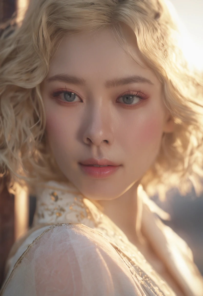 (8K、RAW Photos、top-quality、masterpiece:1.2)、(realisitic、Photorealsitic:1.37)、1girl in、Beautiful Caucasian girl with bright blonde hair、White skin、30-years old、femele、a room、Studio Lighting、face lights、photon maping、Detailed lips、detailedeyes、More skin、(Colossal tits:1.3)、(Kimono、jpn)、(Floral kimono)、(Wearing a kimono)、Thigh exposure、perfectbody、shinny skin、smirking face、((to stand))、cowboy shot、Make eye contact with the camera