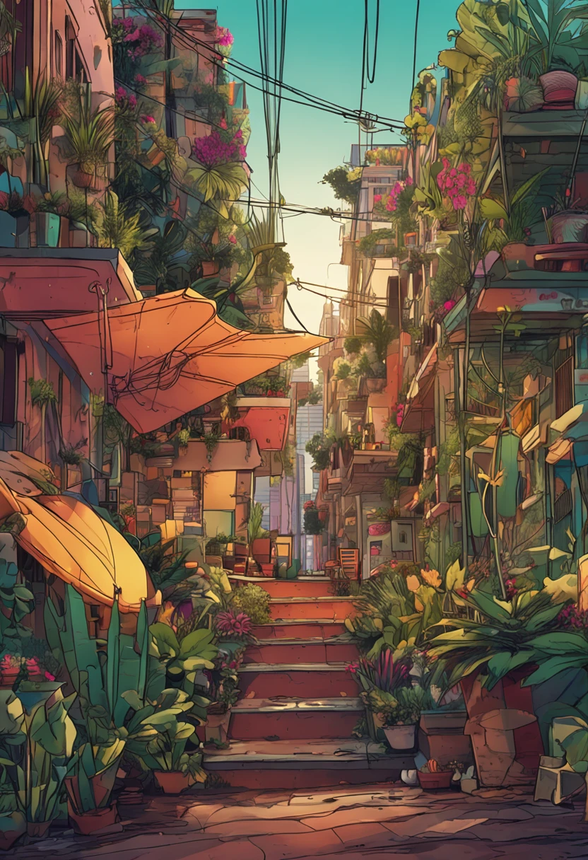 uma mesa de artista com plantas, livros, papel, laptop, prateleira, ceroulas, overlooking a green urban setting