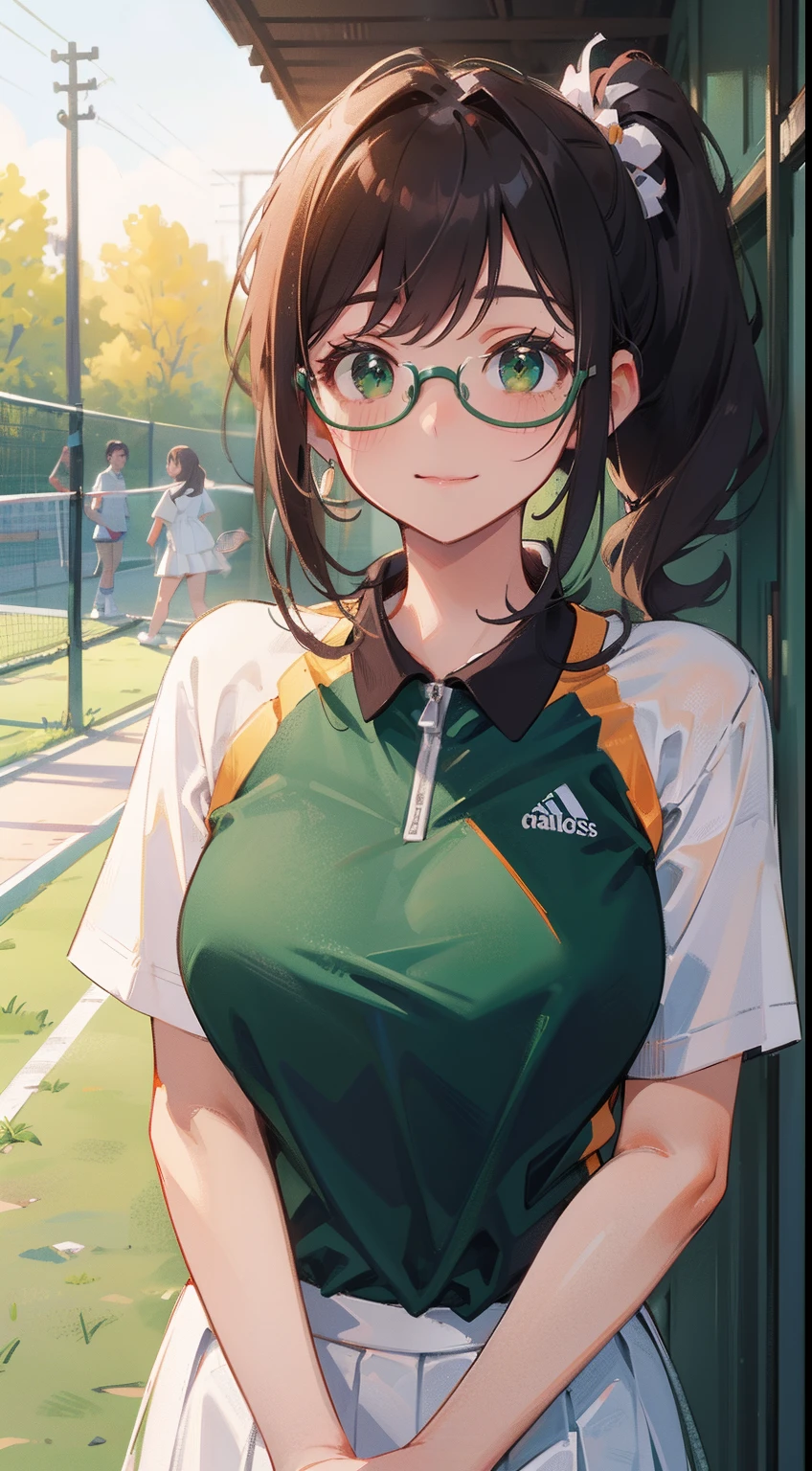 (masterpiece), (best quality), ultra high res, upper body, medium long shot, MLS, volumetric lighting, ((1 mature woman, solo)), very stunning and gorgeous mature woman, beautiful detailed hair, chestnut brown hair, smooth ponytail hairstyle, beautiful detailed face, perfect feminine face, ((beautiful shape eyes, green eyes)), glasses, smiles, comfortable face, look at the viewer, feminine tennis outfit, standing on the tennis yard, in the evening