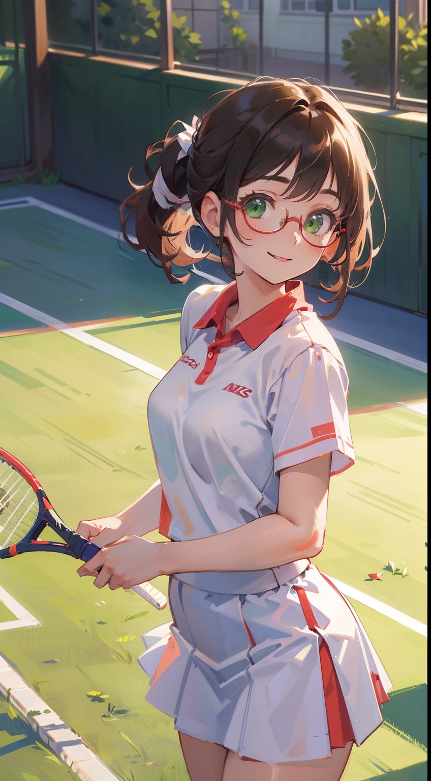 Girl with glasses,(((Playing badminton))),Large breasts,Transparent top,HD,Best quality at best,rich details,hyper HD,32K,Top photography