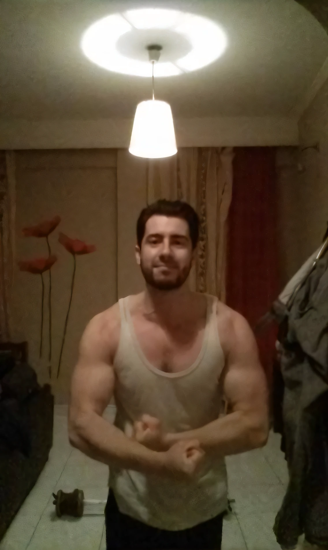 arafed man in a white tank top standing in a living room, 2 , 2 8 years old old, about 3 5 3 2 years old, 2 4 y 3 years old, 2d, muscular!!!,age, 2 5 years rs old