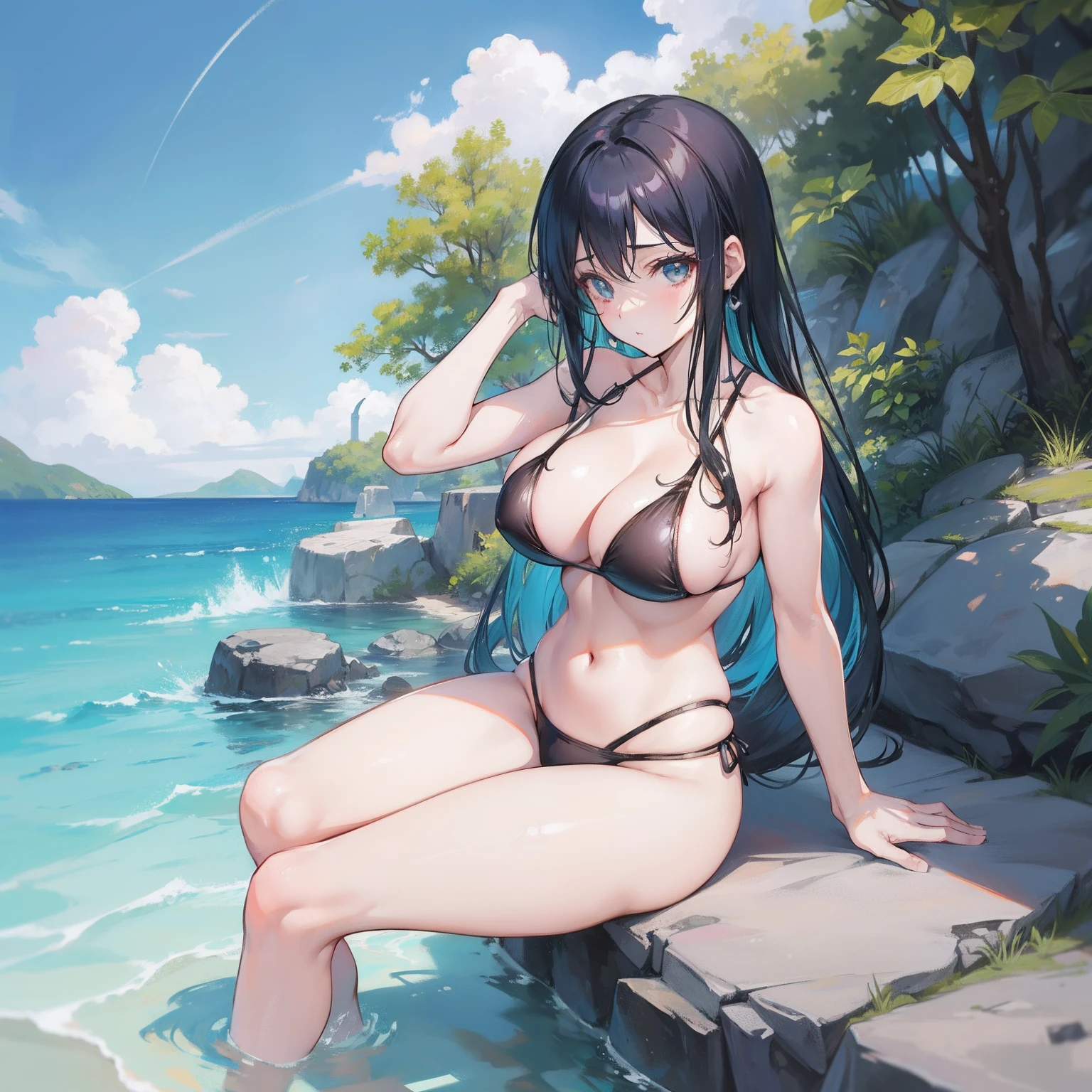 A woman in a bikini poses on a rock near the water, Nico Robin, seductive anime girl, Hinata Hyuga, Marin Kitagawa Fanart, Oppai, Realistischer Bikini, Tifa Lockhart, beautiful alluring anime woman, Maya Fey von Ace Attorney, Mayuri Shiina, Tifa, Tifa Lockheart, Badeanzug, is wearing a swimsuit