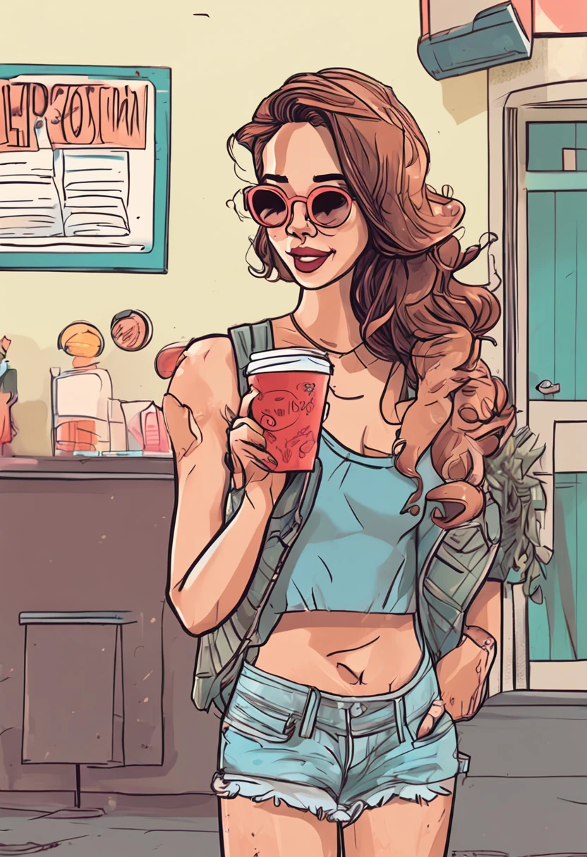 Cartoon image of a woman in short pants, Super pretty 20 year old American girl, Cartoon style illustration, Cartoon Art Style, Cartoon Art Style, Digital illustration style, Highly detailed character design, cute detailed digital art, Urban Girl Fan Art, Portrait Character Design, beautiful digital illustration, high quality portrait, Comic art, Asia, Character Design Portrait, eating ice cream, Simple white background