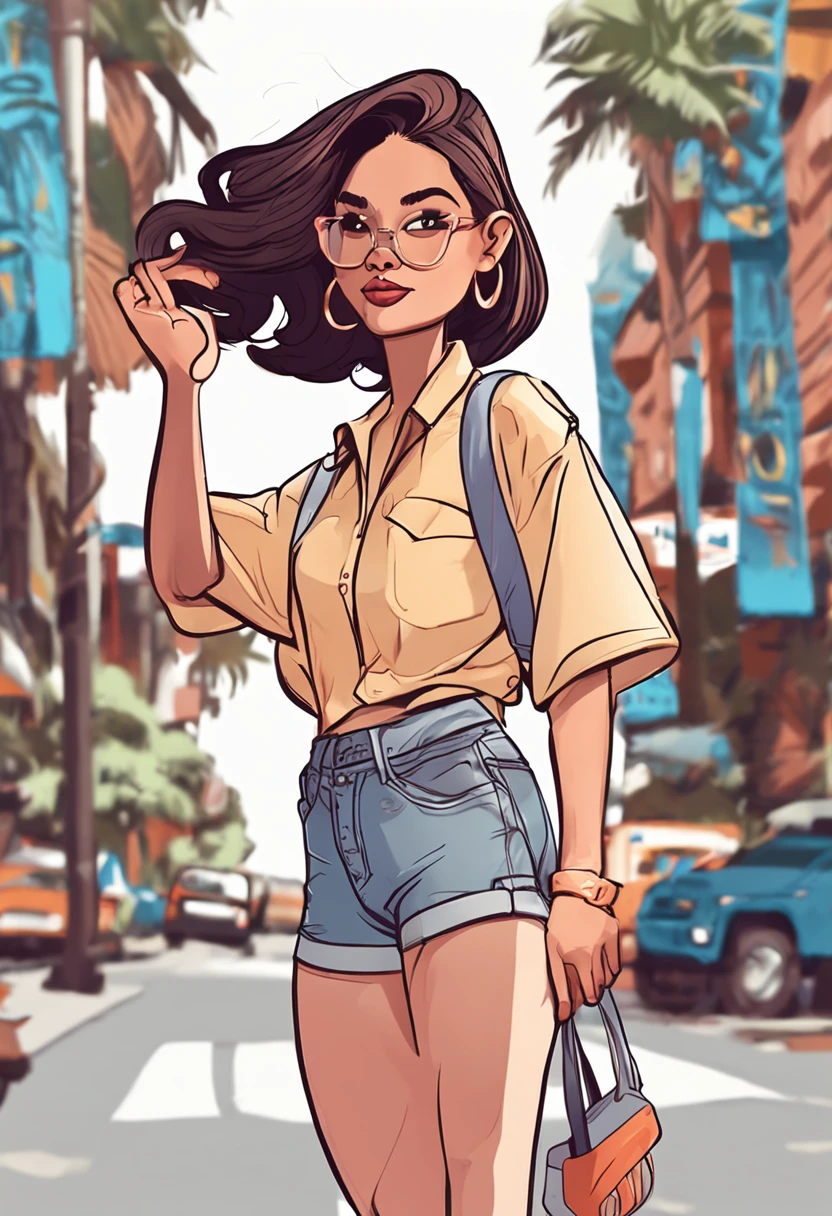 Cartoon image of a woman in short pants, Super pretty 20 year old American girl, Cartoon style illustration, Cartoon Art Style, Cartoon Art Style, Digital illustration style, Highly detailed character design, cute detailed digital art, Urban Girl Fan Art, Portrait Character Design, beautiful digital illustration, high quality portrait, Comic art, Asia, Character Design Portrait, eating ice cream, Simple white background
