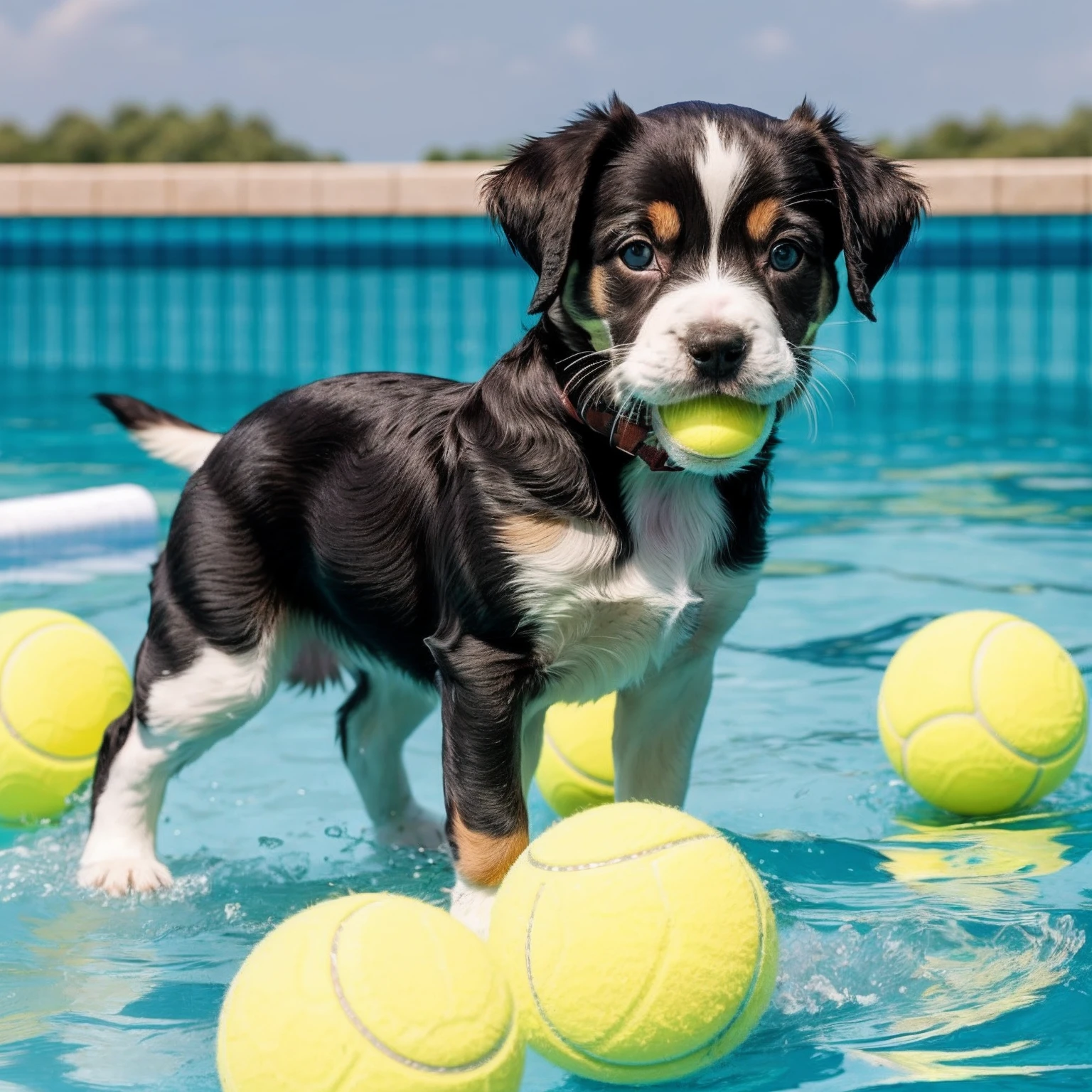 A puppy,largeeyes,Yellow-white stripes,Swim in the water,A tennis ball in his mouth,In the pool,blue-sky,baiyun