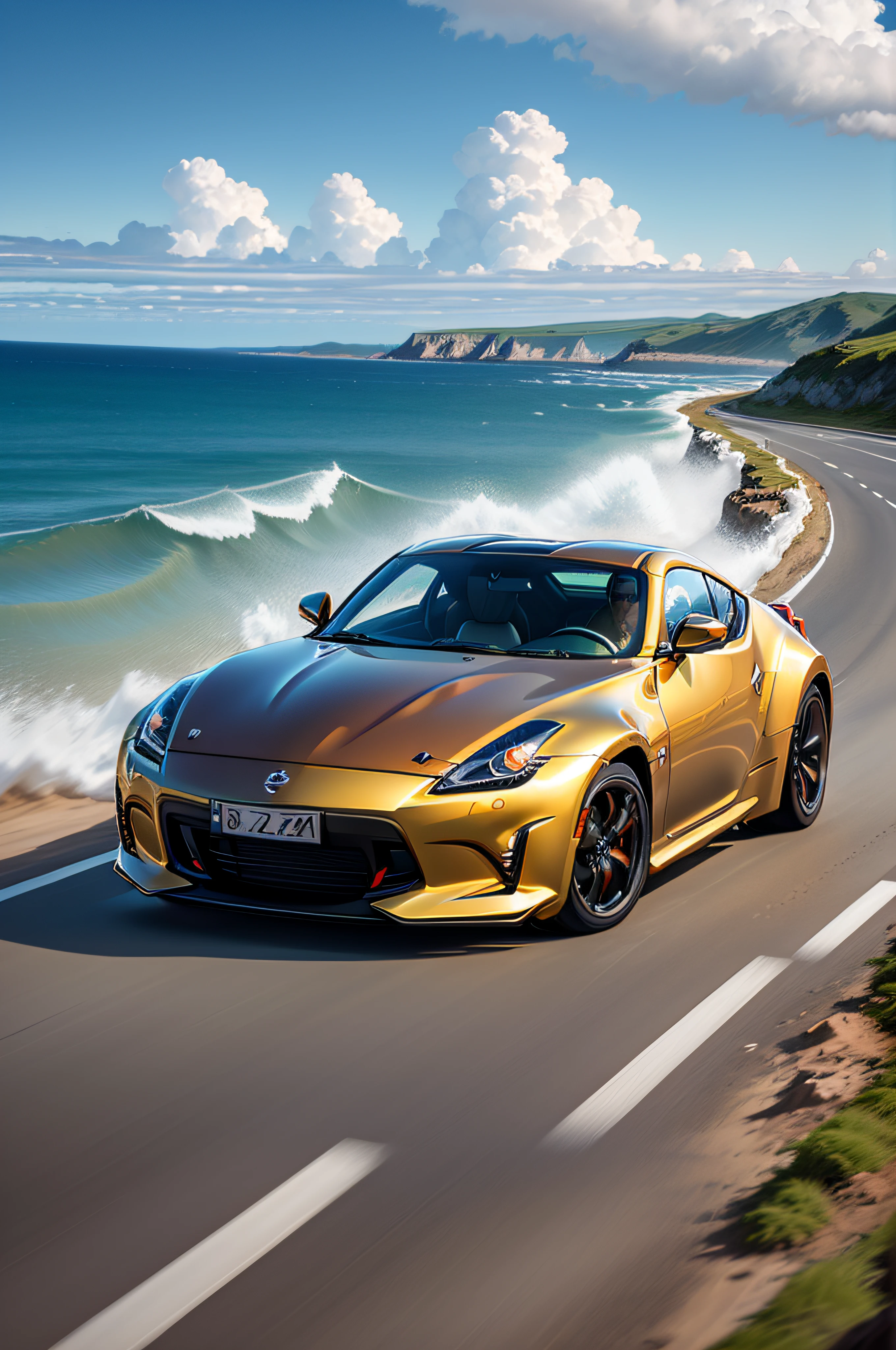 Turquoise Nissan Fairlady Z speeding along the coastal road, blue sky, thundercloud, sea in the background, motion blur, ultra-high resolution, extremely detailed and accurate expression, vivid colors, midsummer sunshine,