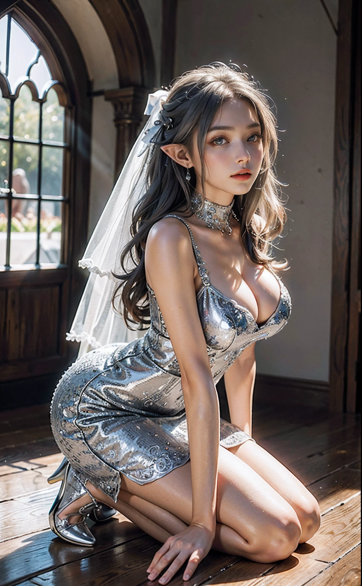 (European medieval manor:1 silver-haired girl,sliver long hair, Kneeling pose), tmasterpiece, best qualtiy, RAW photogr, realisticlying, the face, Incredibly Ridiculous res, Beautiful elf beauty, ear studs, (Long silver hair),(Light yarn wedding dress),(Tulle dress long),Conservative attire,stocklings,(Ribbon heels+),depth of fields, A high resolution, ultra - detailed, filigree, RAWE is very detailed, very detailed eyes and faces, Sharp pupils, realistic pupil, tack sharp focus, cinmatic lighting,full bodyesbian,Bigboobs,long leges,From the front side,dynamicposes