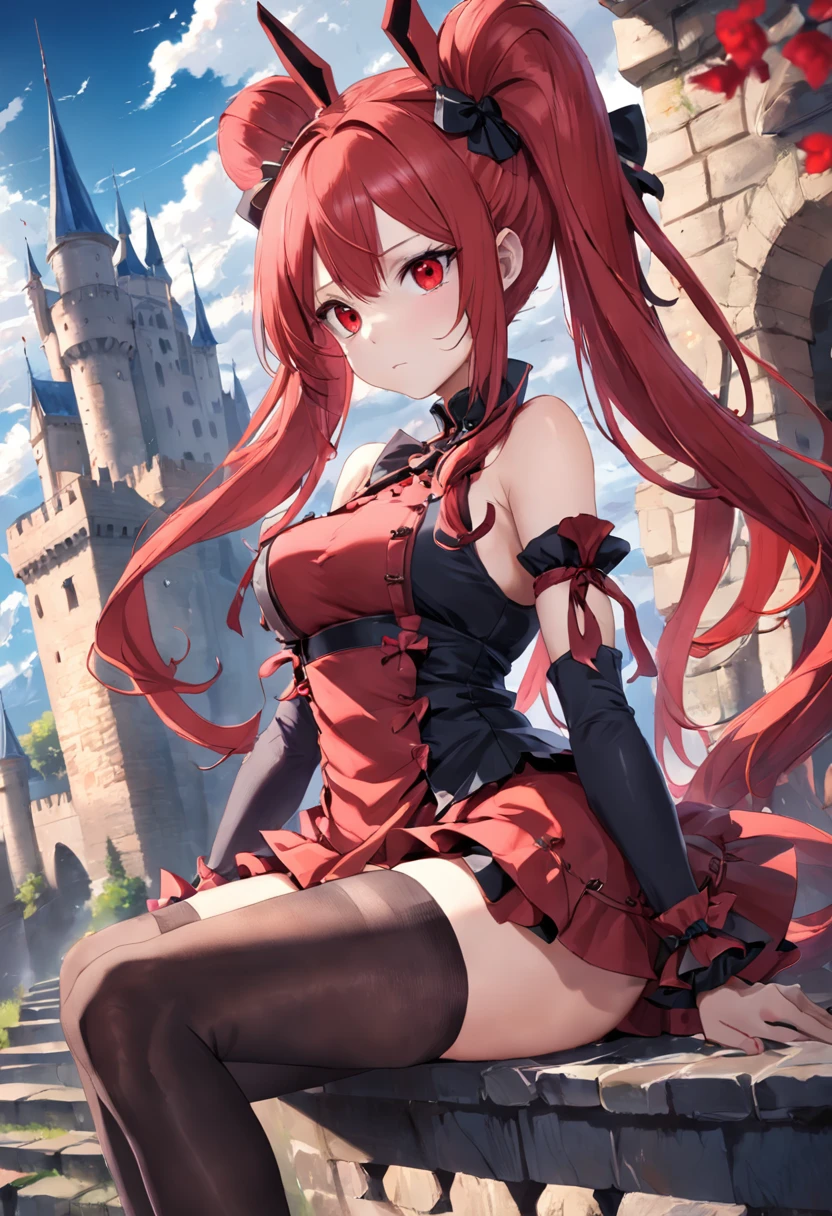 red color eyes,Red side ponytail,magia,Castle fantasy,black lence stockings, Ultra photo realsisim, Castle,hair adornments