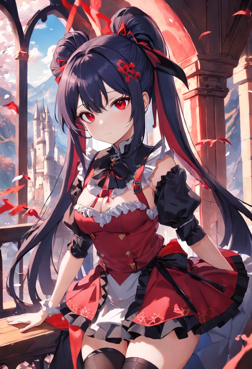 red color eyes,Red side ponytail,magia,Castle fantasy,black lence stockings, Ultra photo realsisim, Castle,hair adornments