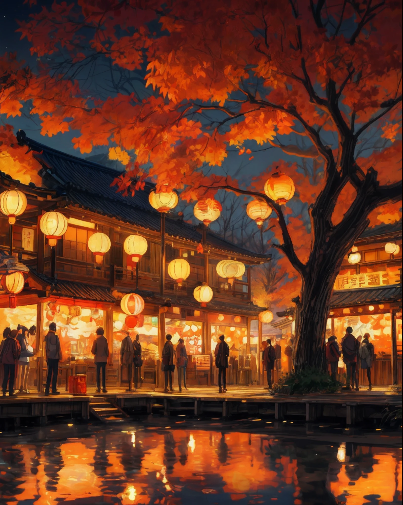 painting of a group of people standing around a pond under a tree, background artwork, anime art wallpaper 8 k, evening lanterns, anime art wallpaper 4k, anime art wallpaper 4 k, glowing lights! digital painting, street lanterns glow, anime background art, a beautiful artwork illustration, autumn lights, warm fantasy lighting, japanese art style, street lanterns are shining