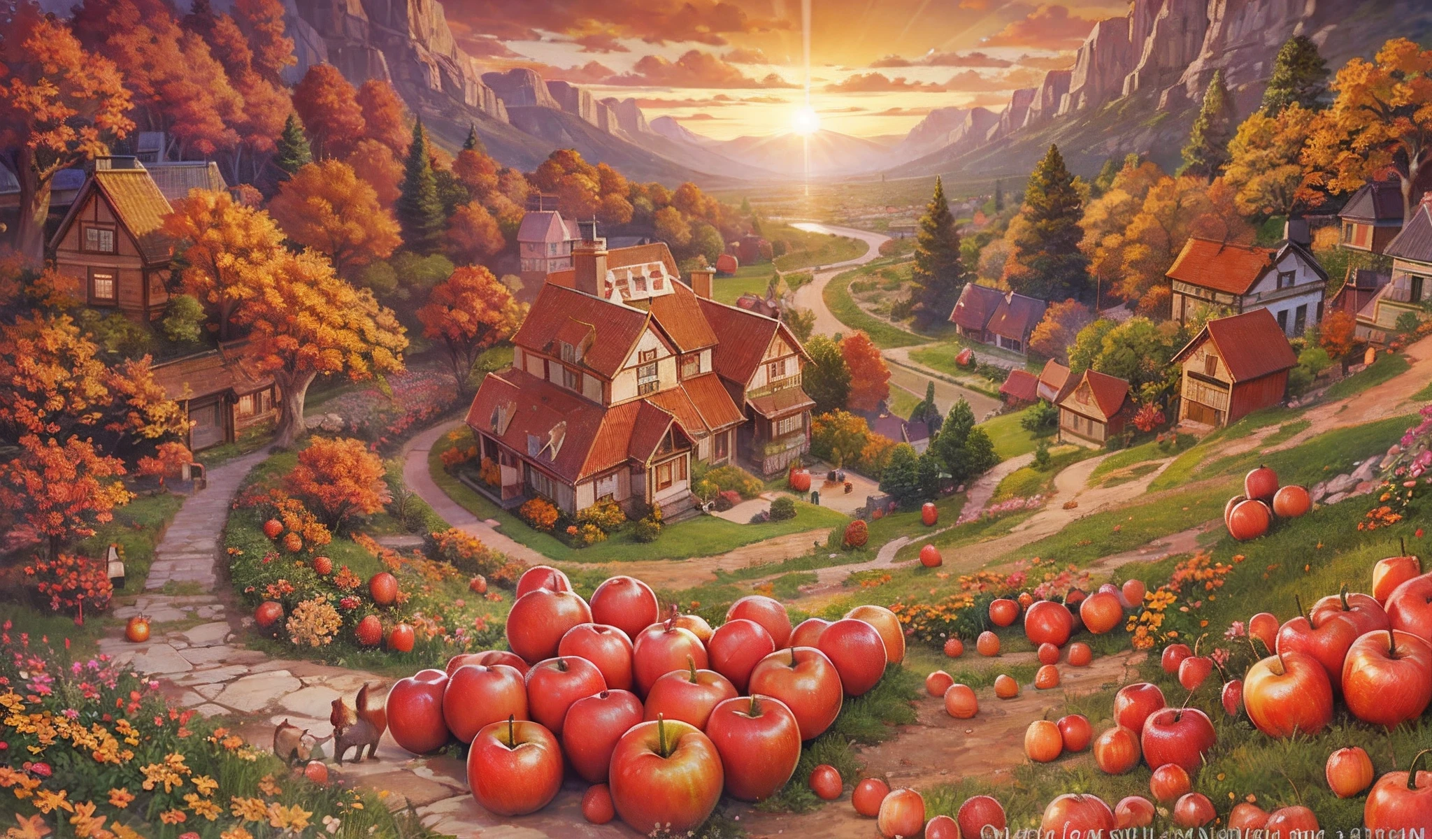 Faraway view，autumnal，fairy tale style，The world of crystals，It's beautiful，Lots of houses made of red apples，The surrounding ground is covered with fruits of various colors，Lots of small animals，Carrying fruit home，The saturation is higher，the setting sun，Clouds