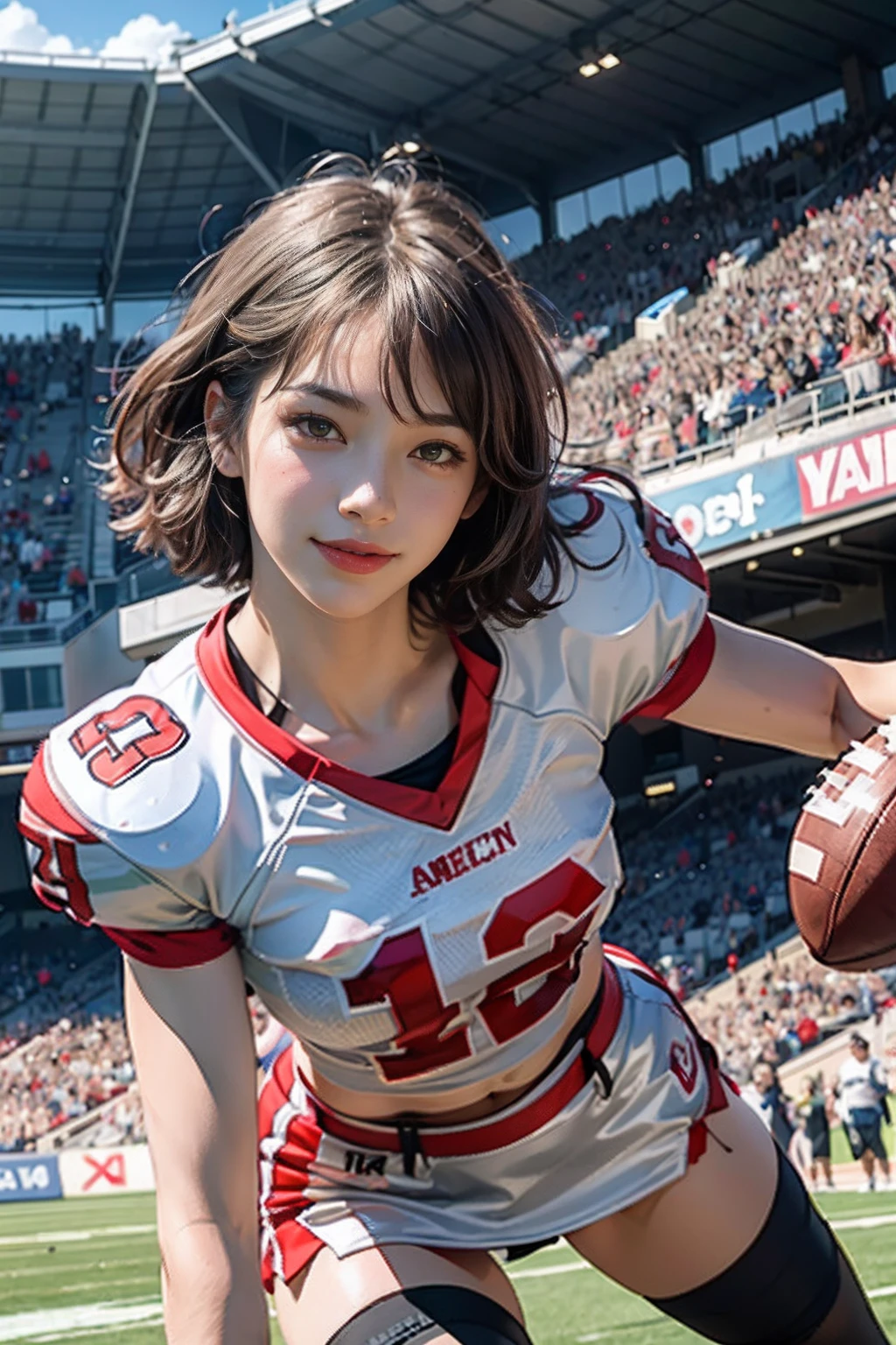 (8K, Raw photo, top-quality, ​masterpiece: 1.2), ​masterpiece, super detailing, Ultra-high decomposition energy A, (Realistic and realistic photos: 1.37), high-definition RAW color photography, Very delicate and beautiful., About Igree, 8K Wallpaper, astonishing, detaileds, extremely detailed eye, highlydetailed skin, extremely detailed fingers, highly detailed nose, highly detail mouth, perfect anatomia,1girl in, (Sexy American Football Uniforms), a miniskirt,large full breasts,A slender,Toned buttocks,Stockings,Keep one's mouth shut、Smile happily、largeeyes、Distinct double eyelids、Eye lashes、long neck、Absolute area、Clean collarbone、face perfect、thin lips、a small face、(Gaze towards the viewer、Highlights in the eyes、Light brown eyes、Gloss on lips) , (american football stadium:1.4) jewely, Cute smile,Short hair, Solo, 18year old、hposing Gravure Idol, Perfect Lighting,dynamic ungle, (Intense tackles:1.6),American football game,
