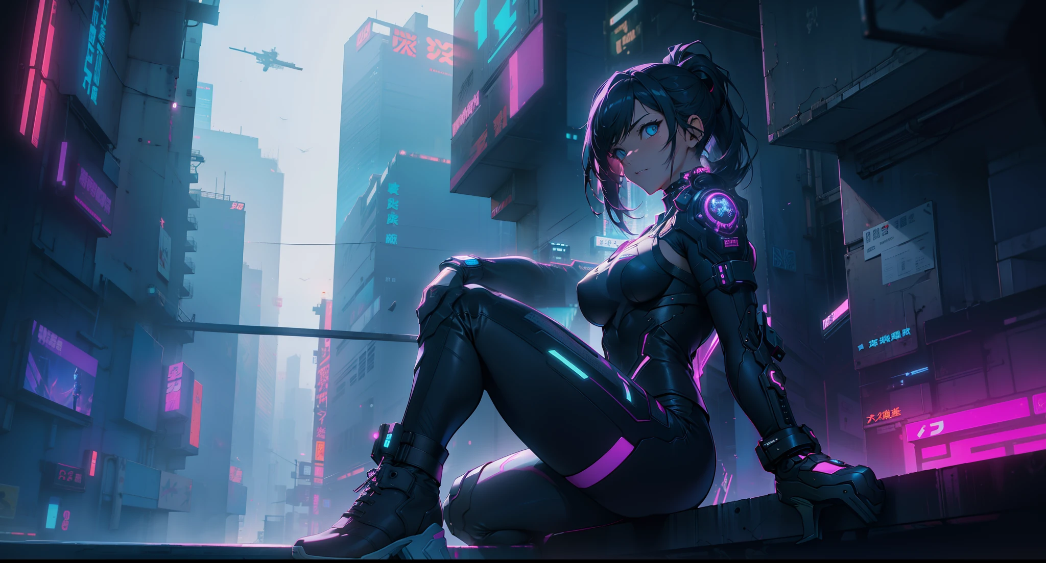 Cyber girl sitting on a ledge in the city at night。Cyberpunk anime art envelops her as digital worlds intersect。Modern cyberpunk art style illuminated by neon lights、It depicts a fusion of an anime girl and a mecha.。This art with a cyberpunk theme is、Feel like a dreamy future。With the scenery of a cyberpunk city lined with skyscrapers、Her presence is enchanting,、It seems to be wrapped in a mysterious magic。