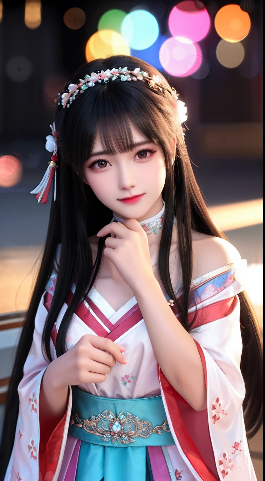 best qualtiy，tmasterpiece，A high resolution，1girll，Hanfu，hair adornments，choker necklace，jewely，beautiful  face，Physically，Dingdall effect，realisticlying，Dark Studio，edge lit，twotonelighting，（highdetailskin：1.2），Ultra HD in 8K， Digital SLR, softlighting, high high quality, volumettic light, sneak shot, photore, A high resolution, 4K, 8K, Background bokeh,