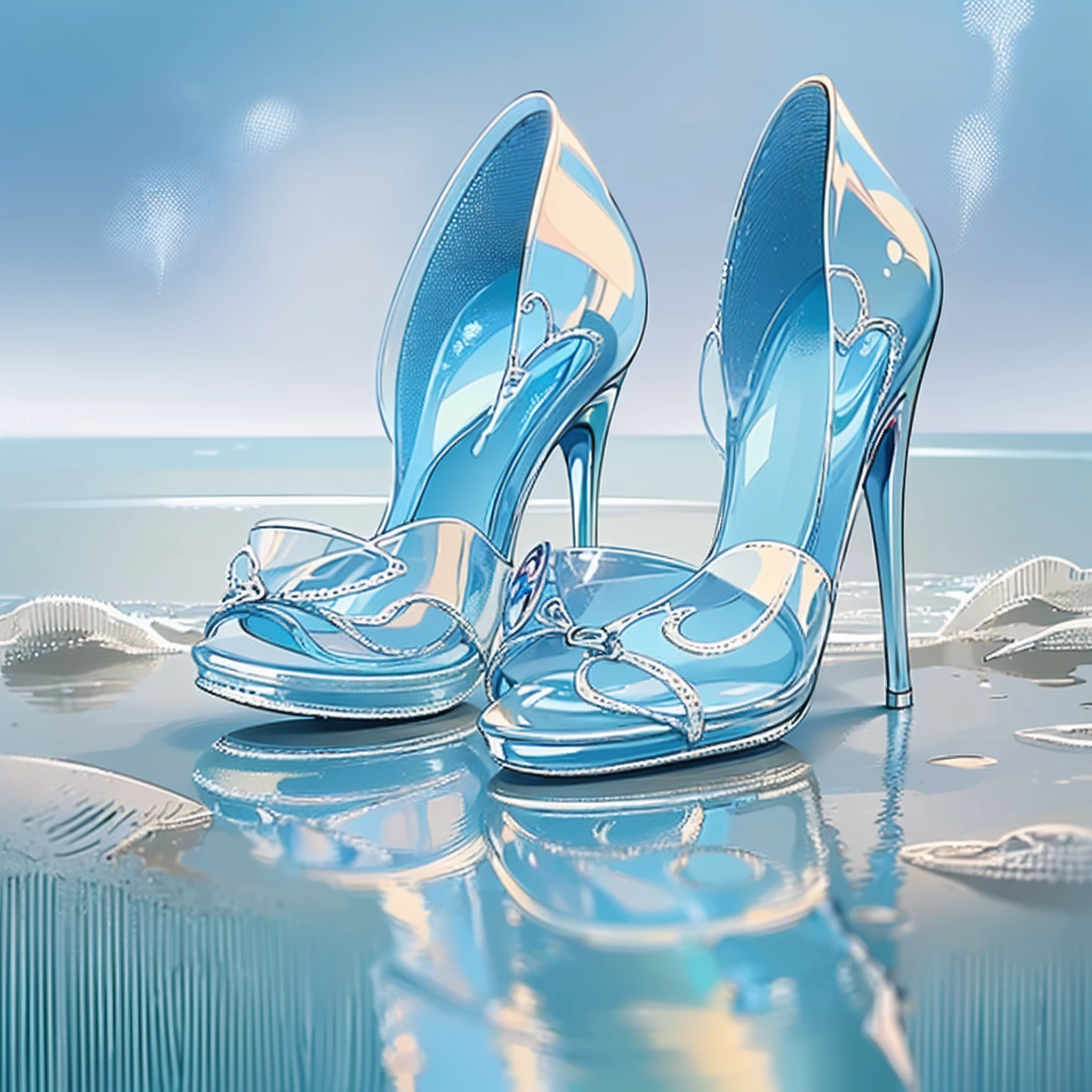 A pair of high heels，without humans，(Top resolution:1.5),  (Top image quality:1.5), Close-up of a pair of shoes on a shiny surface, slightly holographic, fairy tale style background, made in adobe illustrator, Magical items, holograph, illustration!, (Blue and white high heels:1.5), (Transparent heels:1.5), (The background is the seaside:1.5)