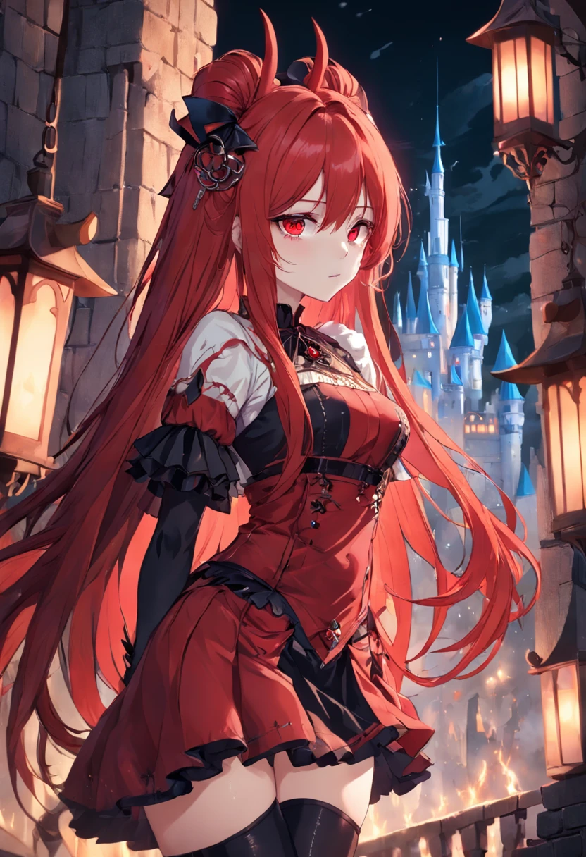 red color eyes,Red long-haired,magia,Castle fantasy,black lence stockings, Ultra photo realsisim, Castle,hair adornments