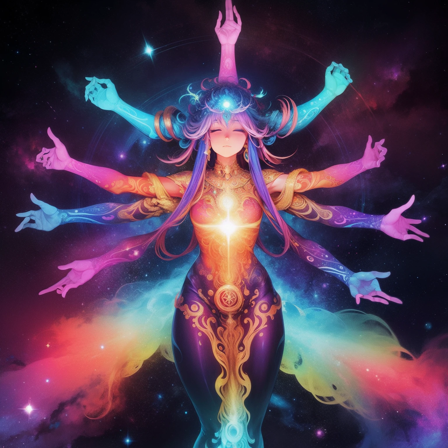 universe background, human body with (multiple arms:1.2), hand sign, meditation, psychedelic color