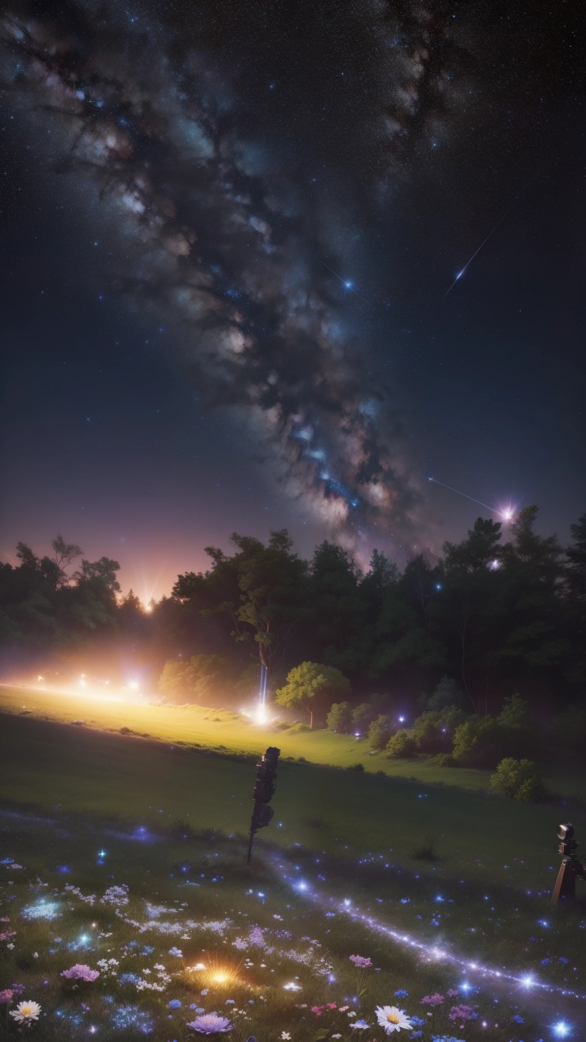 The entire galactic starry sky,zoomed out:1.1), (meteor shower:1.2), (comet:1.1), low angle, aroura borealis, shooting star, best quality, masterpiece, cloud, colorful, starry, stars, night, flower field, flower blossom, night sky, beautiful flowers, night theme,