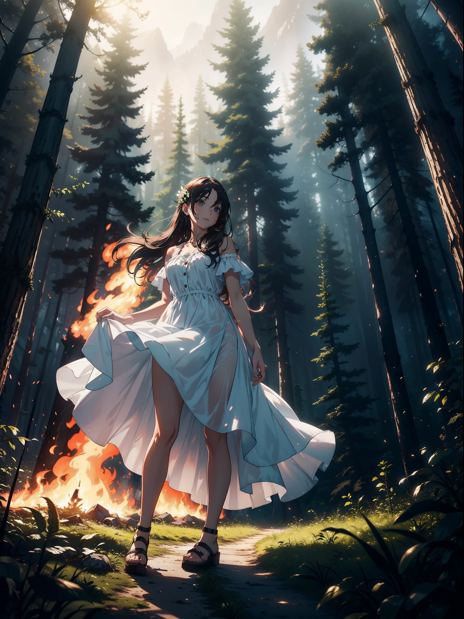 ((Best quality)), ((high resolution)), girl in a white dress in the middle of the forest, surrounded by forestry, a forest fire raging in the background