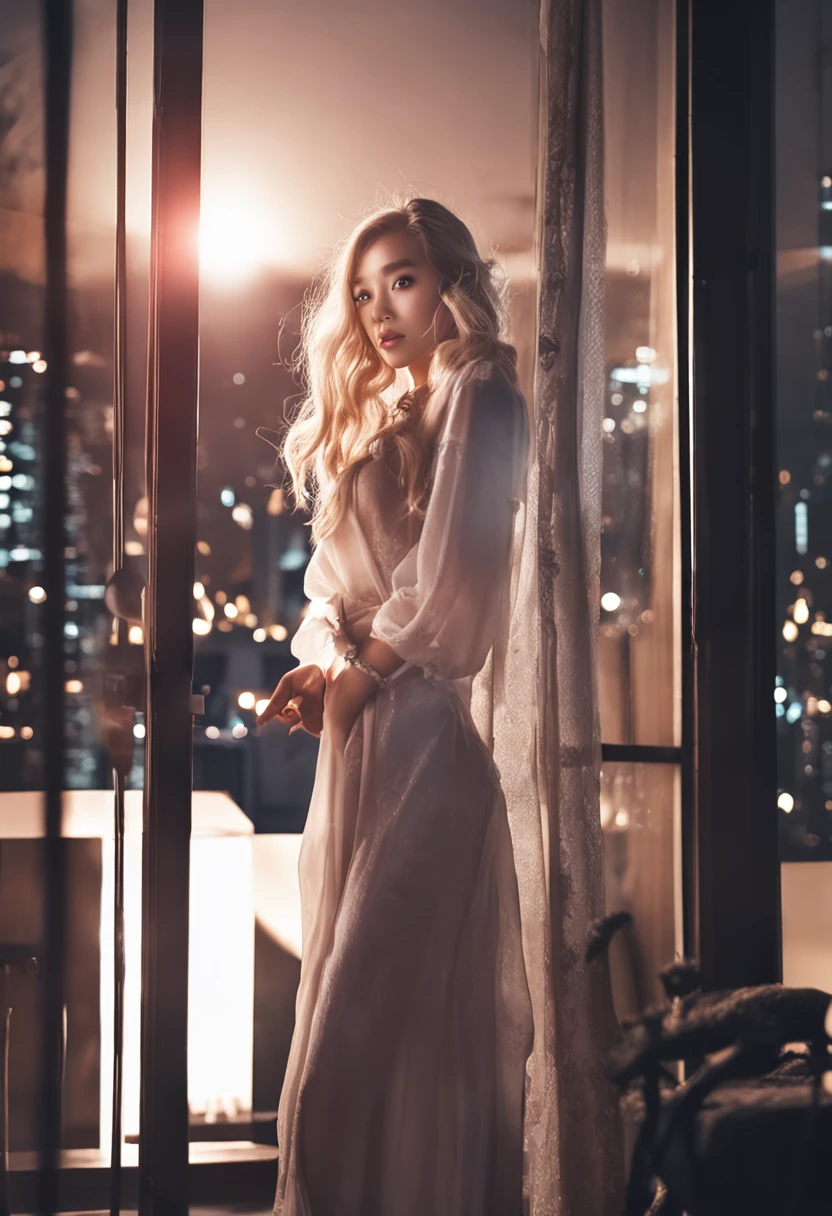 (8K、RAW Photos、top-quality、​masterpiece:1.2)、(realisitic、Photorealsitic:1.37)、1girl in、Beautiful Caucasian girl with bright blonde hair、White skin、25-years old、femele、(deep in the night)、Moon Night、a room、Night cityscape seen from the window、Studio Lighting、face lights、photon maping、Radio City、(full body Esbian)、(fullnude)、Detailed lips、detailedeyes、More skin、(Colossal tits:1.3)、(Kimono、jpn)、(Floral kimono)、(Wearing a kimono)、(((no brassiere)))、(((no panty)))、Exposed cleavage、exposed shoulder、Thigh exposure、(cammel toe)、perfectbody、shinny skin、smirking face、((to stand))、cowboy  shot、Make eye contact with the camera