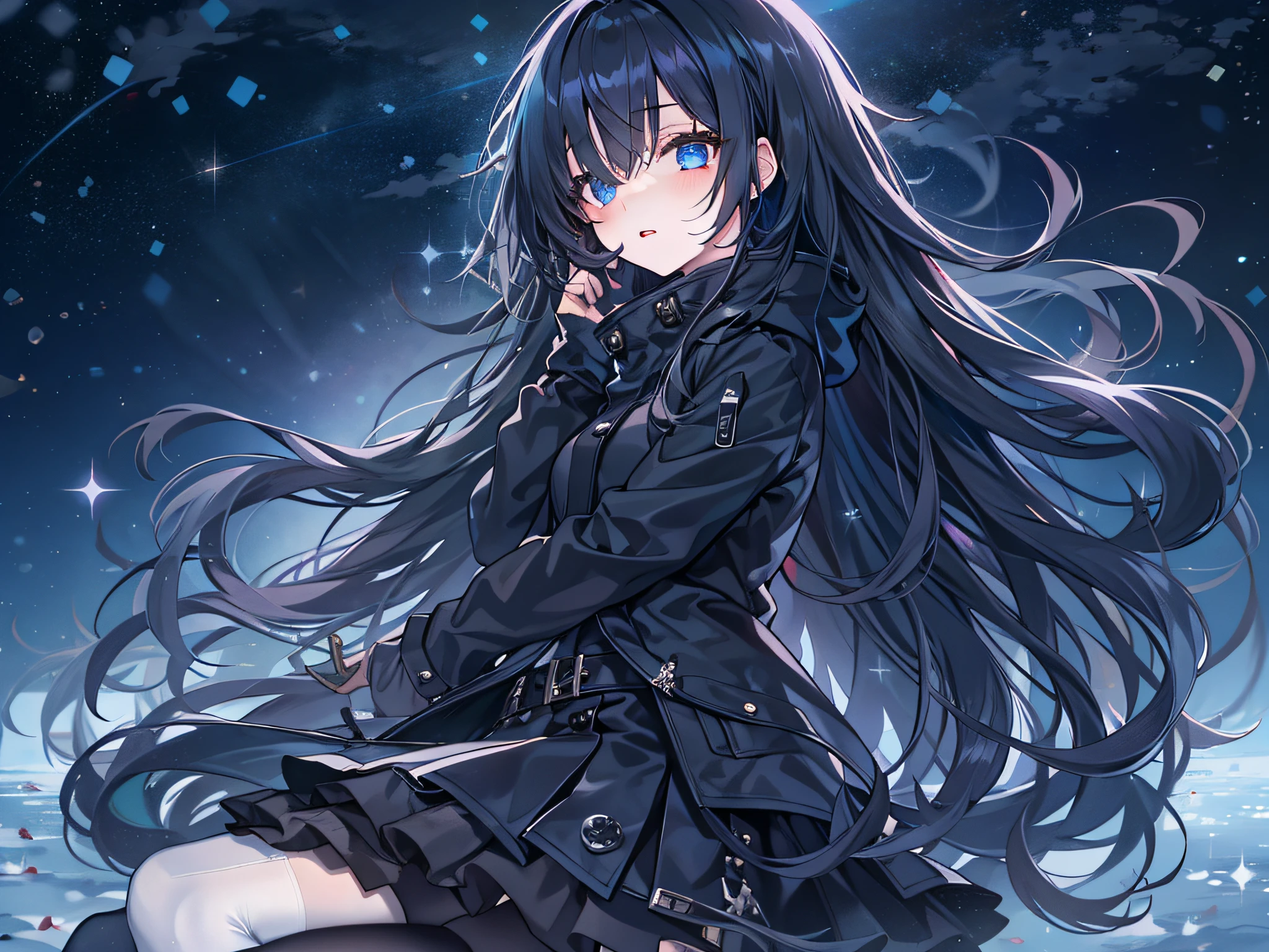 black pantyhoses，Starry eyes，Black parka，starrysky，the night，Dark blue hair，side pony tail，long whitr hair，black knee boots，black sash，Hair covers one eye，bit girl，waiting to start