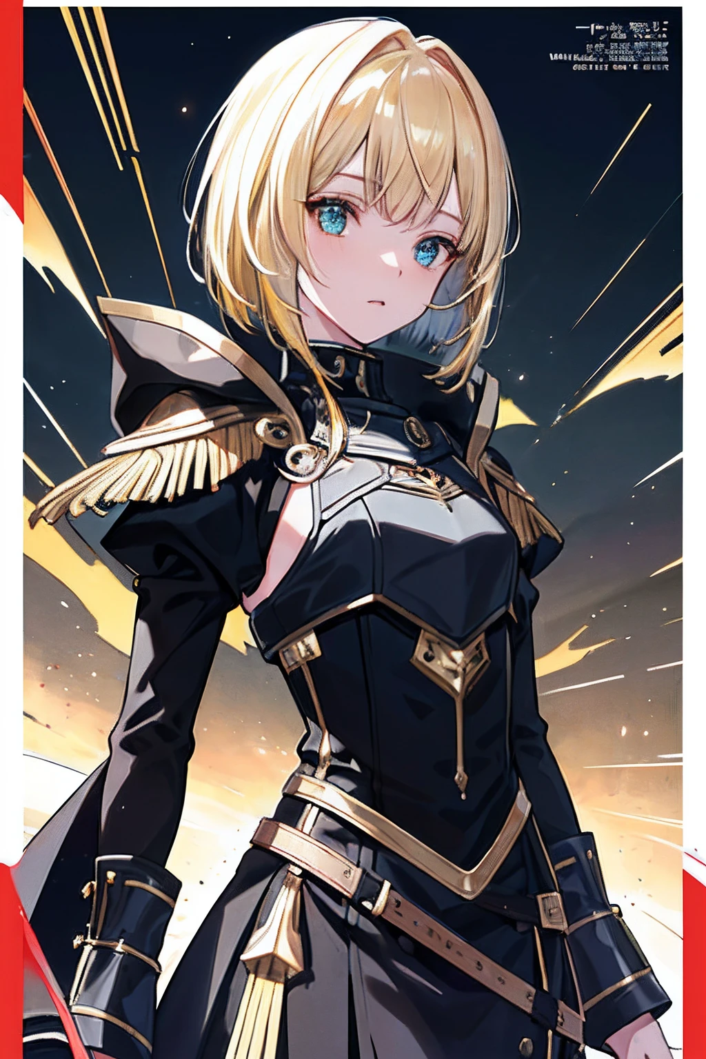 (masuter piece,Best Quality,Ultra-detailed), (A detailed face), Movie Posters, hight resolution, 1girl in, (front-facing view), (cyberpunked), (Lucy), nobles, Black and gold hair, (Black and blonde with bangs,,), (bob cuts), Two-tone hair, Gold Eye, Red and black clothes, Medieval combat uniform, Black cloak, The upper part of the body, flat-chest, (Beautiful Detail Eye: 1.1), (Detailed hand), (Detail light: 1.1), Film Light, light skinned, (looking at the viewers), (magazine:1.3), (cover-style:1.3), Fashionable, Textured skin, Super Detail, Tarot Boundary, border, Alfonse Mucha, Dynamic streaks, Bright trajectory:1.2, vivd colour