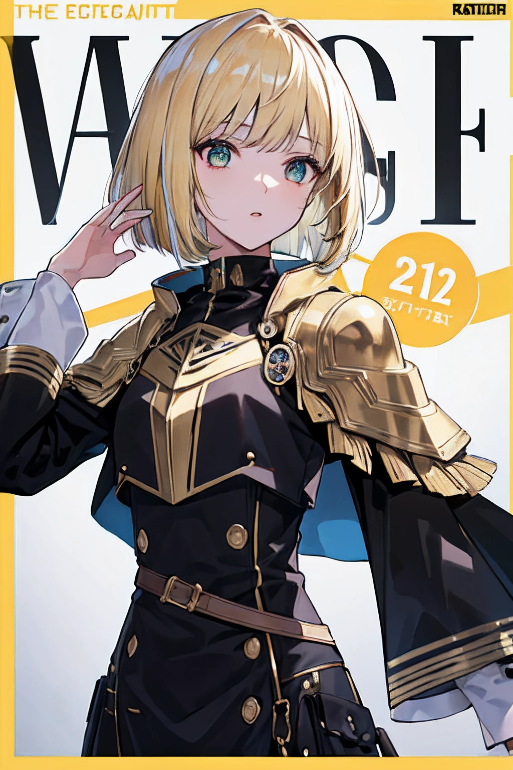 (masuter piece,Best Quality,Ultra-detailed), (A detailed face), Movie Posters, hight resolution, 1girl in, (front-facing view), (cyberpunked), (Lucy), nobles, Black and gold hair, (Black and blonde with bangs,,), (bob cuts), Two-tone hair, Gold Eye, Red and black clothes, Medieval combat uniform, Black cloak, The upper part of the body, flat-chest, (Beautiful Detail Eye: 1.1), (Detailed hand), (Detail light: 1.1), Film Light, light skinned, (looking at the viewers), (magazine:1.3), (cover-style:1.3), Fashionable, Textured skin, Super Detail, Tarot Boundary, border, Alfonse Mucha, Dynamic streaks, Bright trajectory:1.2, vivd colour