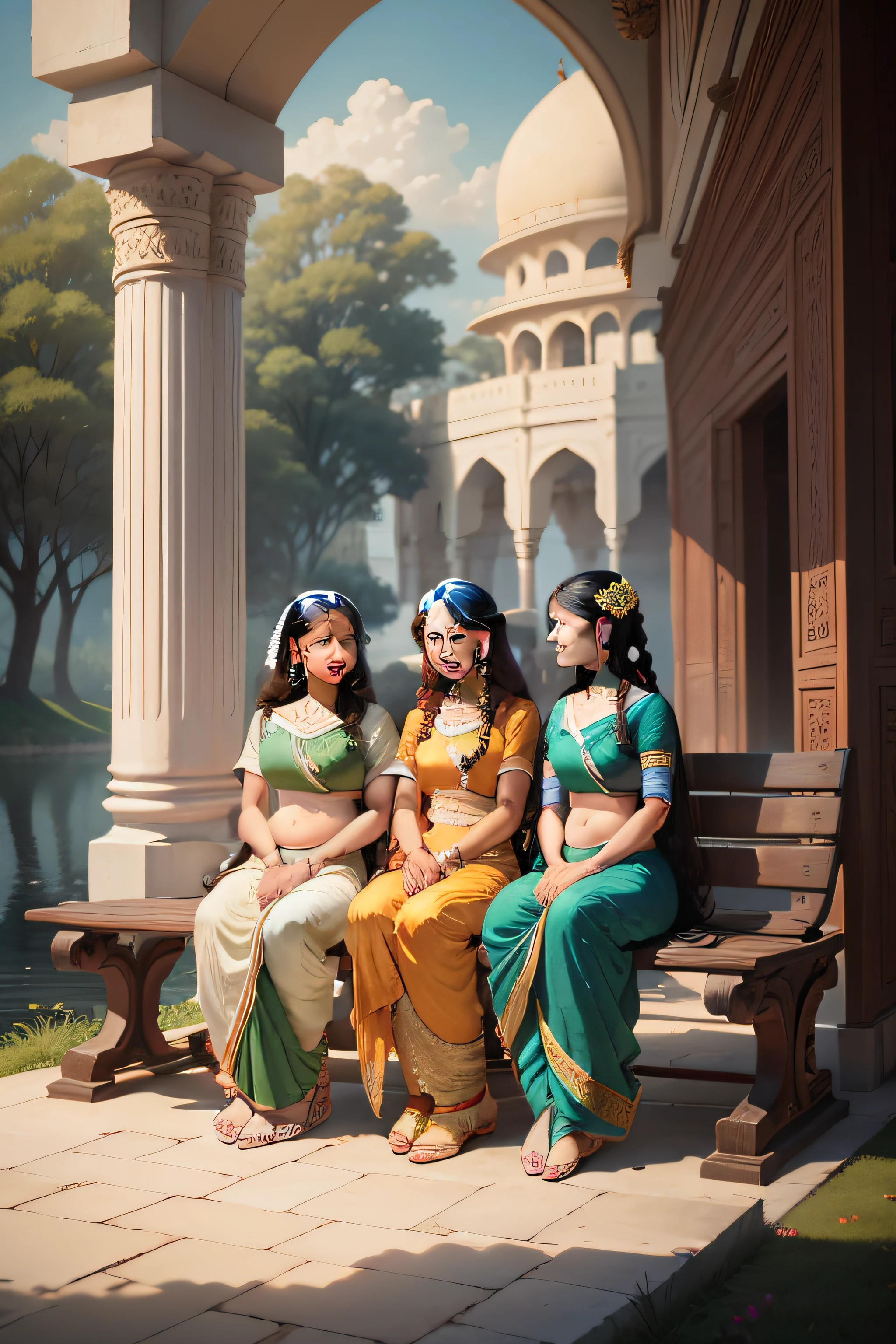 Variations lakeside background with bench  painting of a couple 5 to 6 of womens sitting on a bench and some of standing and talking each other with a peacock, cow by Raja Ravi Varma, indian art, by T. K. Padmini, hindu art, inspired by Raja Ravi Varma, szukalski ravi varma, from ramayan, beautiful depiction, palatial scene, inspired by T. K. Padmini