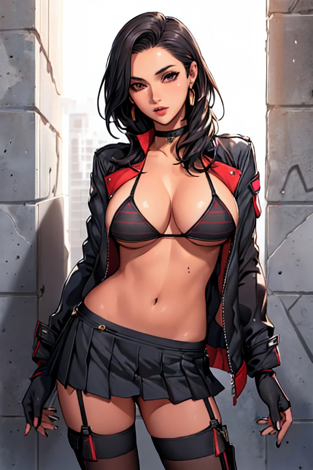 beautiful, (masterpiece:1.2), (best quality:1.2), perfect lighting, perfect eyes, perfect face, 1girl, bikini, bikini under clothes, black bikini, black choker, black gloves, black hair, black lips, black nails, black skirt, breasts, choker, cleavage, cropped jacket, cross, earrings, eyeliner, eyeshadow, fingerless gloves, gloves, hand on hip, highleg, highleg bikini, huge breasts, jacket, jewelry, lips, lipstick, long hair, makeup, microskirt, miniskirt, navel, open clothes, open jacket, red eyes, skirt, sleeves pushed up, solo, standing, striped, striped bikini, striped thighhighs, swimsuit, thighhighs, thighs, underboob