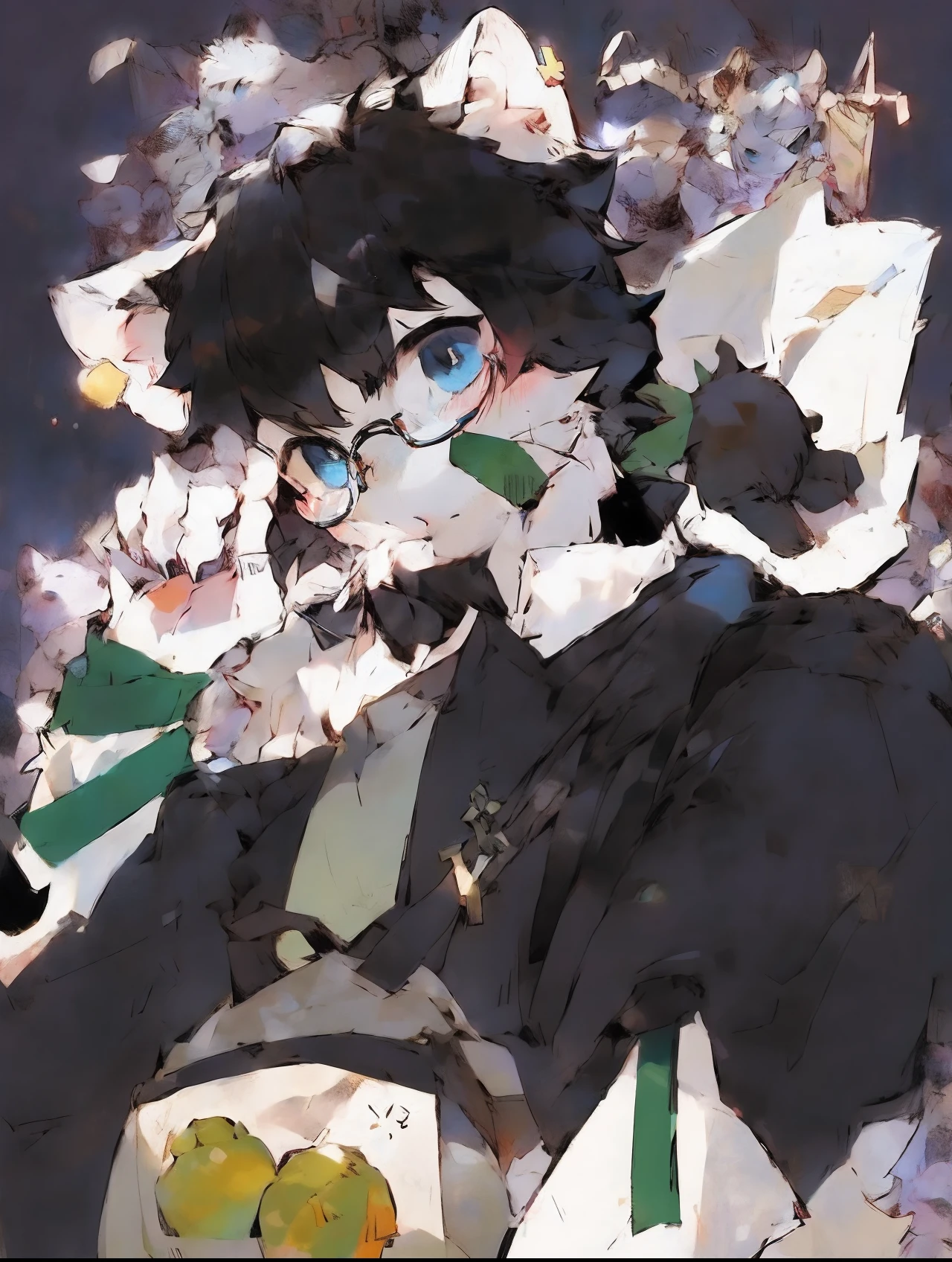 Under the sun,A black-haired little white cat with blue eyes and a small whip wears short black sleeves printed with a small tiger pattern,Carry a green cross-body bag,With round-rimmed glasses,Raised his hands and made a handsome pose,face flushed