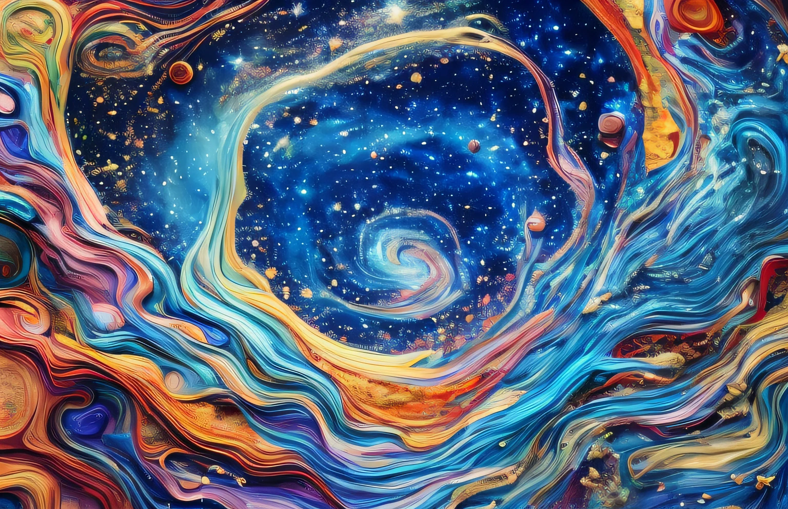 A painting of swirling colors，Planets and stars in the background, cosmic and colorful, swirling water cosmos, Surreal space, detailed dreamscape, The birth of the universe, portal to outer space, Infinite psychedelic waves, psychedelic surreal art, space colors, cosmic colors, Psychopathic Man Universe, in the cosmos, Space art, psychedelic floral planets, gateway to another universe