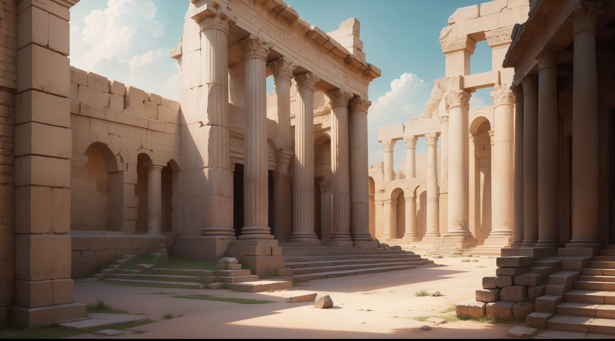 Scenes from an ancient city and biblical illustrations.