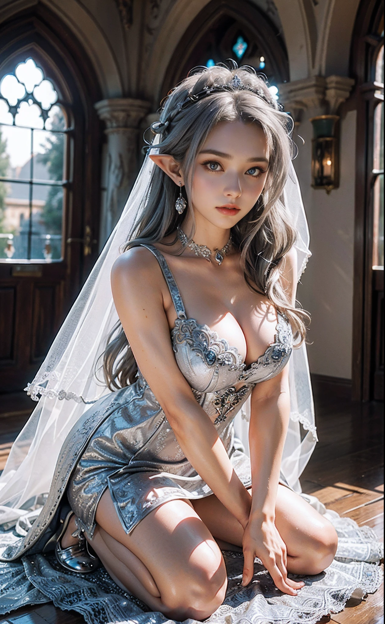 （European medieval manor：1 silver-haired girl，sliver long hair, Kneeling pose）， tmasterpiece， best qualtiy， RAW photogr， realisticlying， the face， Incredibly Ridiculous res， Beautiful elf beauty， ear studs， (Long silver hair)，(Light yarn wedding dress)，(Tulle dress long)，Conservative attire，stocklings，(Ribbon heels+)，depth of fields， A high resolution， ultra - detailed， filigree， RAWE is very detailed， very detailed eyes and faces， Sharp pupils， realistic pupil， tack sharp focus， cinmatic lighting，full bodyesbian，Bigboobs，long leges，From the front side，dynamicposes