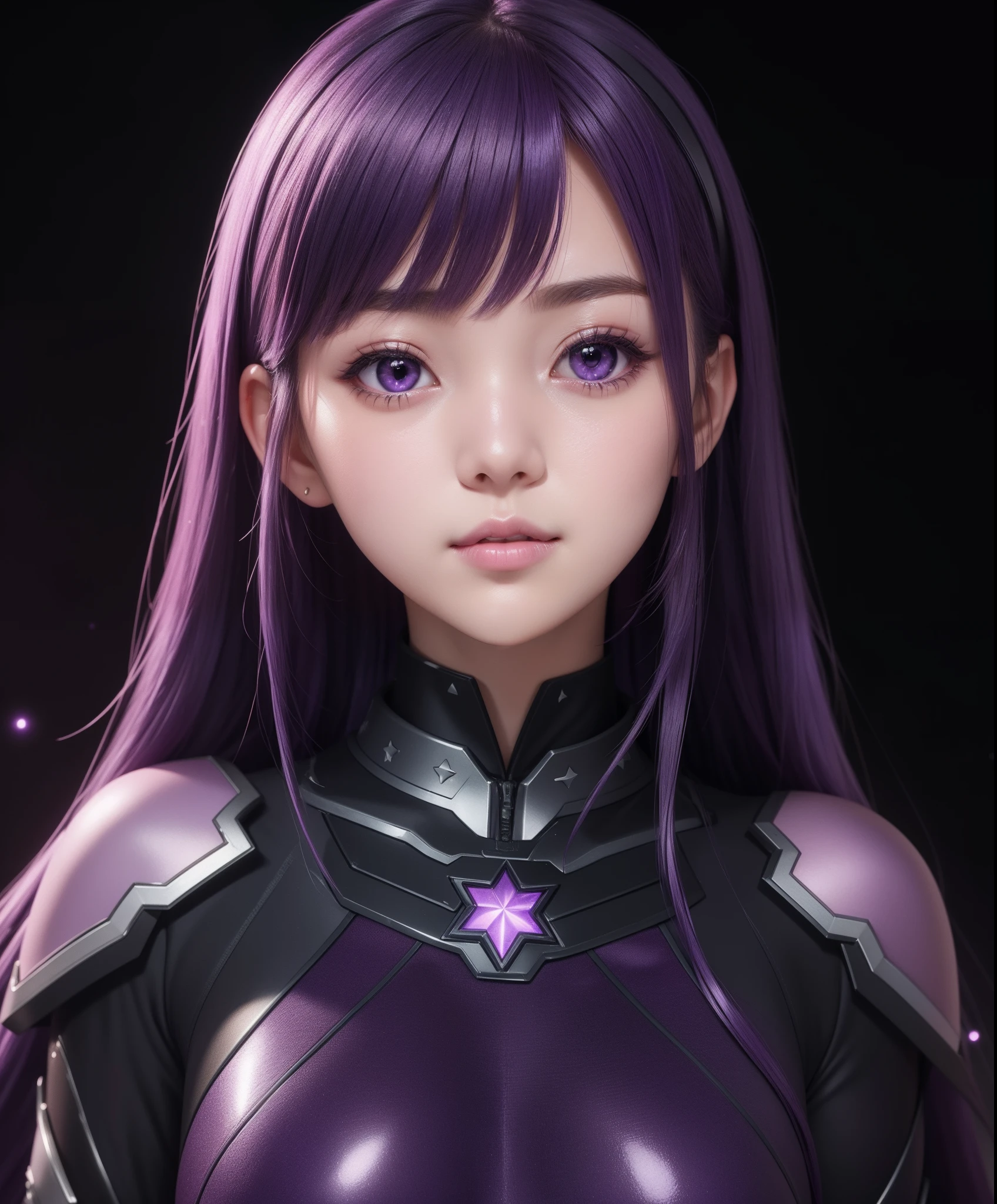 1girl, star eye, blush, perfect illumination, distinct, unreal engine, sidelighting, (bright skin:1.1), ulzzang-6500-v1.1, soft smile, (face focus:1.1), ((dark purple hair)), (simple background), (dark background), (depth of field), bodysuit, close-up