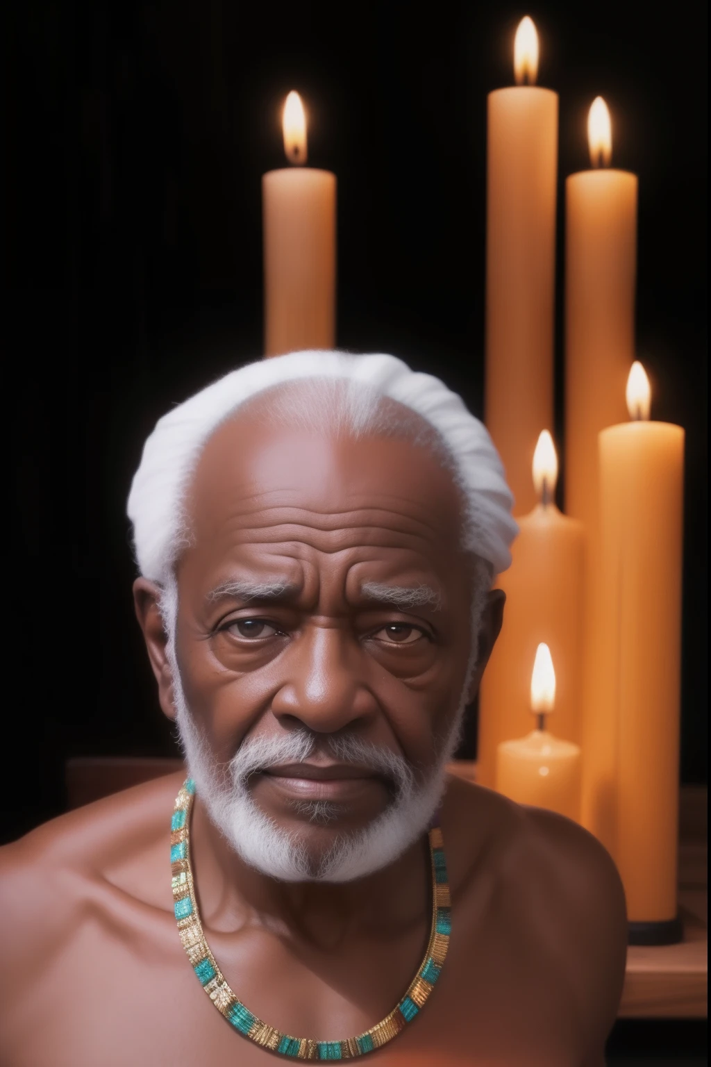 Homem negro velho de 90 anos, olhar triste,  on the neck several collars of seeds,[[[colares]]],  [[[[Closeup]]]], [[[[peito]]]], [[[[Neck strap]]]], [[[[ombros]]]], olhos perfeitos, perfect irises, Perfect lips, , pele perfeita, luz frontal suave, brilho, HDR, (cores suaves: 1.2) Hiperealista,realista, Realismo, renderizado, Alto contraste, digital art photographyrealistic trend in Artstation 8k HD high definition detailed realistic,  detalhado, textura da pele, hiper detalhado, textura de pele realista, armadura, melhor qualidade, ultra high-resolution, (fotografiarrealista: 1.4), alta resolução, detalhado, Calado bruto, sharp re, por lee jeffries Nikon D850 Filme Fotografia de Stock 4 Kodak Portra 400 Lente F1.6 Rich Colors Realistic Texture Dramatic Texture Dramatic Lighting Irrealengine Trend on Artstation Cinestill 800