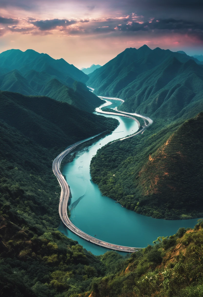 The curved Yangtze River,Overlooking,nigh sky,starrysky,hyper HD,blue tint