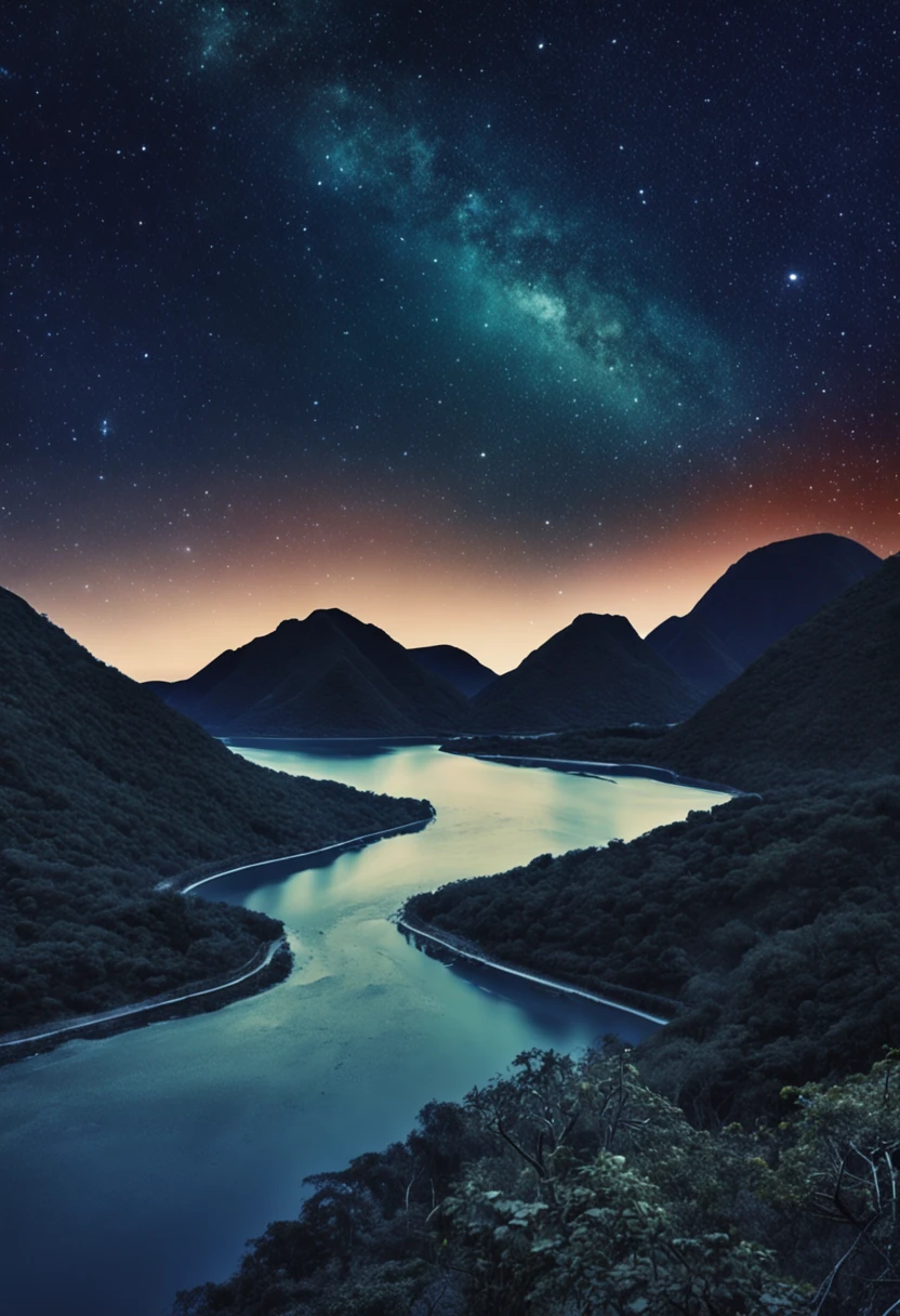 The curved Yangtze River，Overlooking，nigh sky，starrysky，hyper HD，blue tint