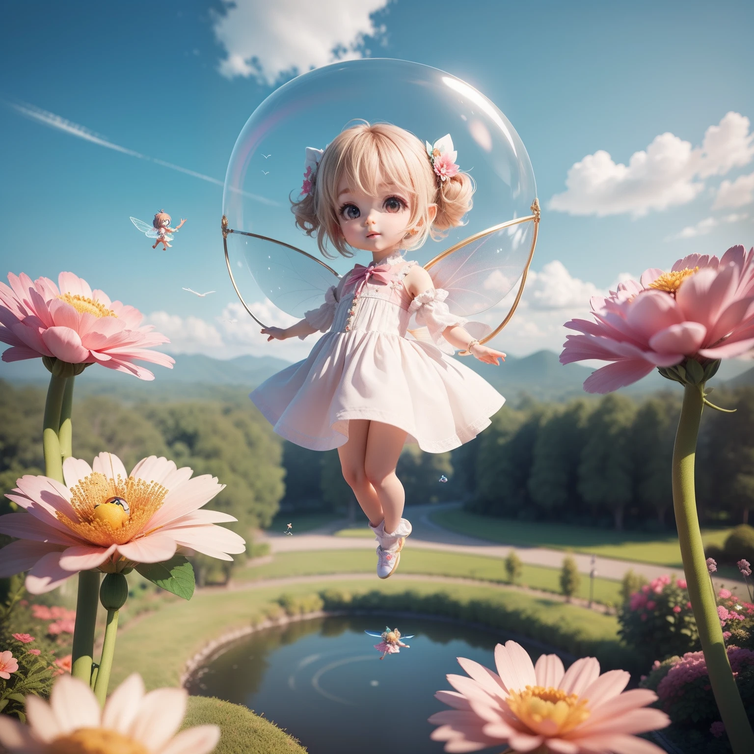 Cute Chibi Anime、(((chibi3d))) (best quality), (masterpiece)、a fairy (floating in aerial:1.3), flying over the flower, under zero gravity, bard view of garden,A rainbow in the sky
