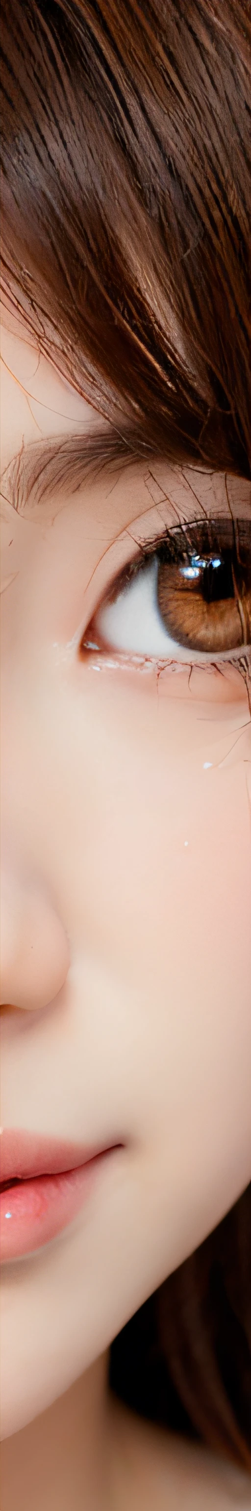 There is a close-up of a baby face with brown hair, Focus tightly on dreamy eyes, close up of lain iwakura, Close-up of crying eyes, close up iwakura lain, jimin\'s right eyelid swollen, eye closeup, really close - up shot, medium close up shot, tears drip from the eyes