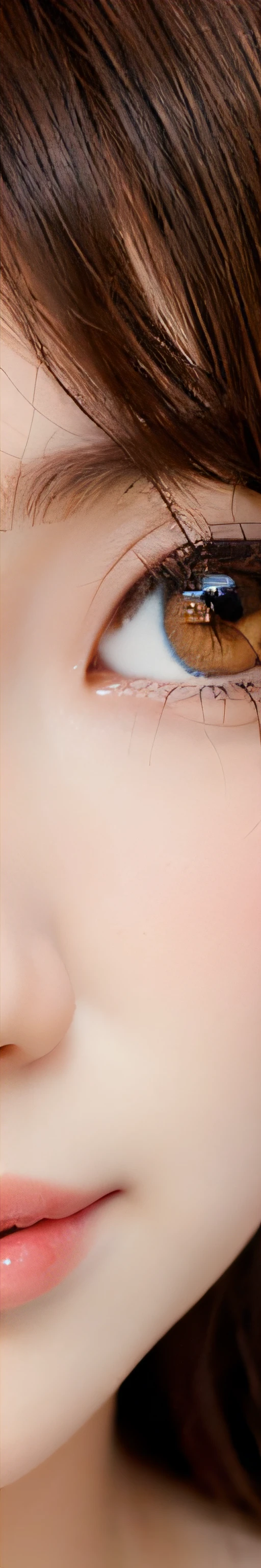 There is a close-up of a baby face with brown hair, Focus tightly on dreamy eyes, close up of lain iwakura, Close-up of crying eyes, close up iwakura lain, jimin\'s right eyelid swollen, eye closeup, really close - up shot, medium close up shot, tears drip from the eyes