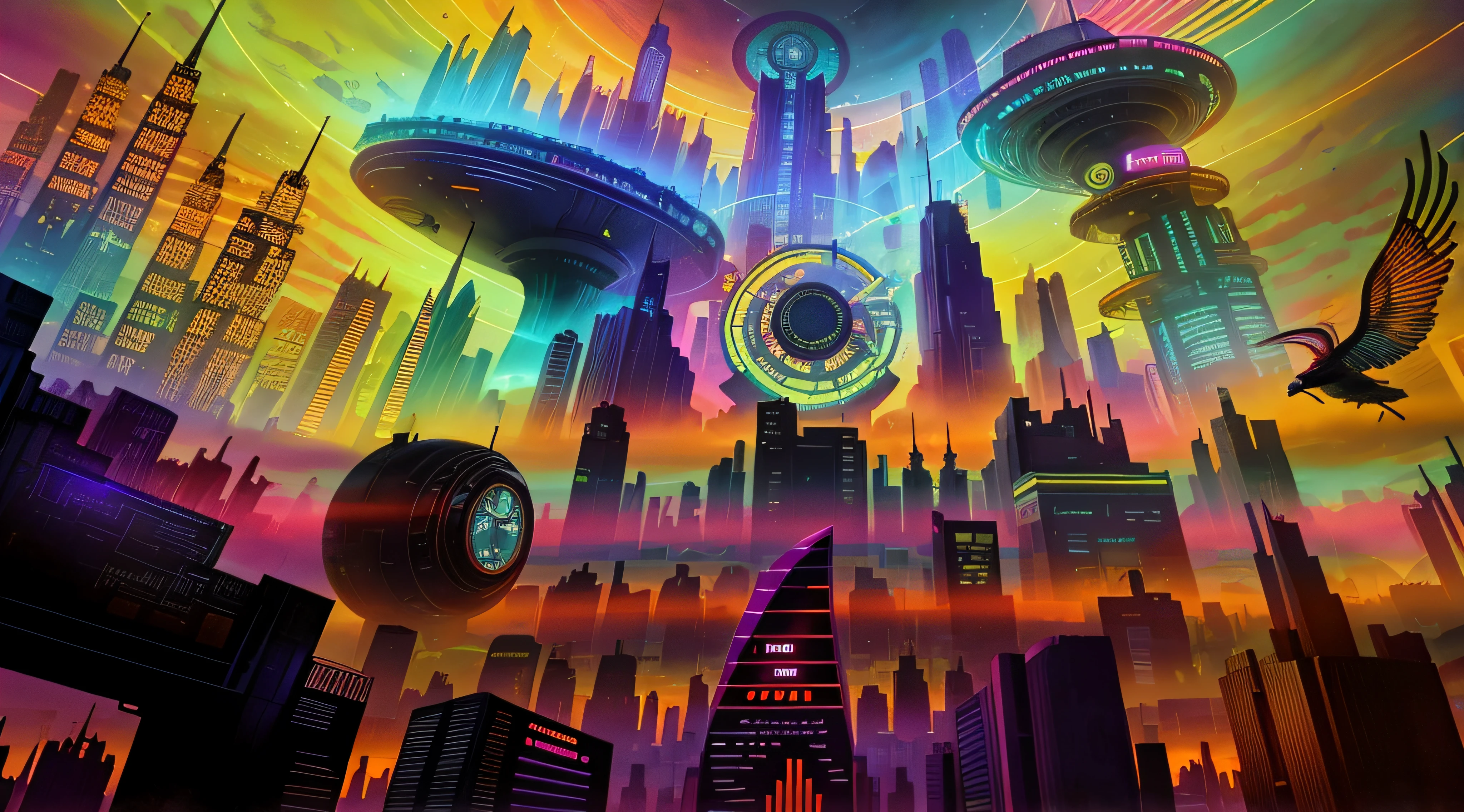 brightly colored digital painting of a futuristic city with a clock, colorful dystopian futurism, dmt city, alien cityscape, in fantasy sci - fi city, an alien cityscape, stylized urban fantasy artwork, retro-futurism, futuristic utopian metropolis, retro - futurism, alien futuristic city, retrofuturistic digital painting, futuristic utopian city, futuristic painting, dreamy colorful cyberpunk colors