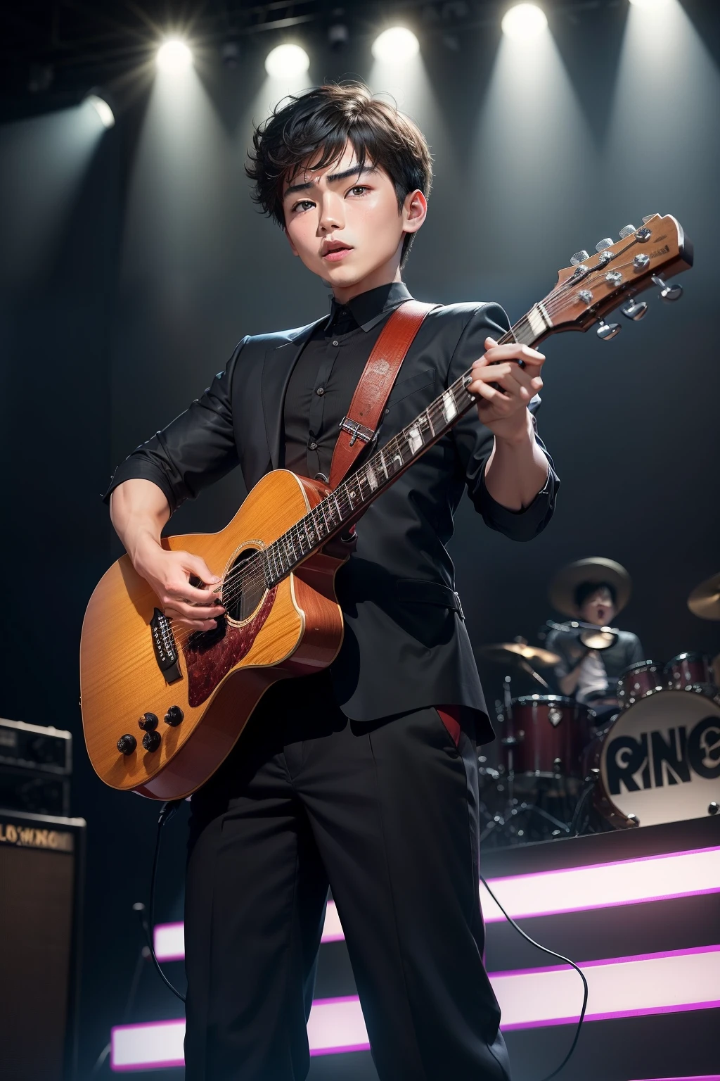 A very handsome, cute and strong boy,About 7 years old, his appearance is a bit like the star Andy Lau。He stands in front of the microphone,Guitar in hand,Stand in front of the microphone and sing affectionately,There were a lot of fans in the audience watching。His singing is full of power and emotion,Immerse everyone。This man is our singer,He through his own efforts and talents,Let everyone know him,Love him。He is an idol in our hearts,It is also an example for us to follow。Let's cheer him on together,Cheers to him,Let's enjoy his musical charm together!