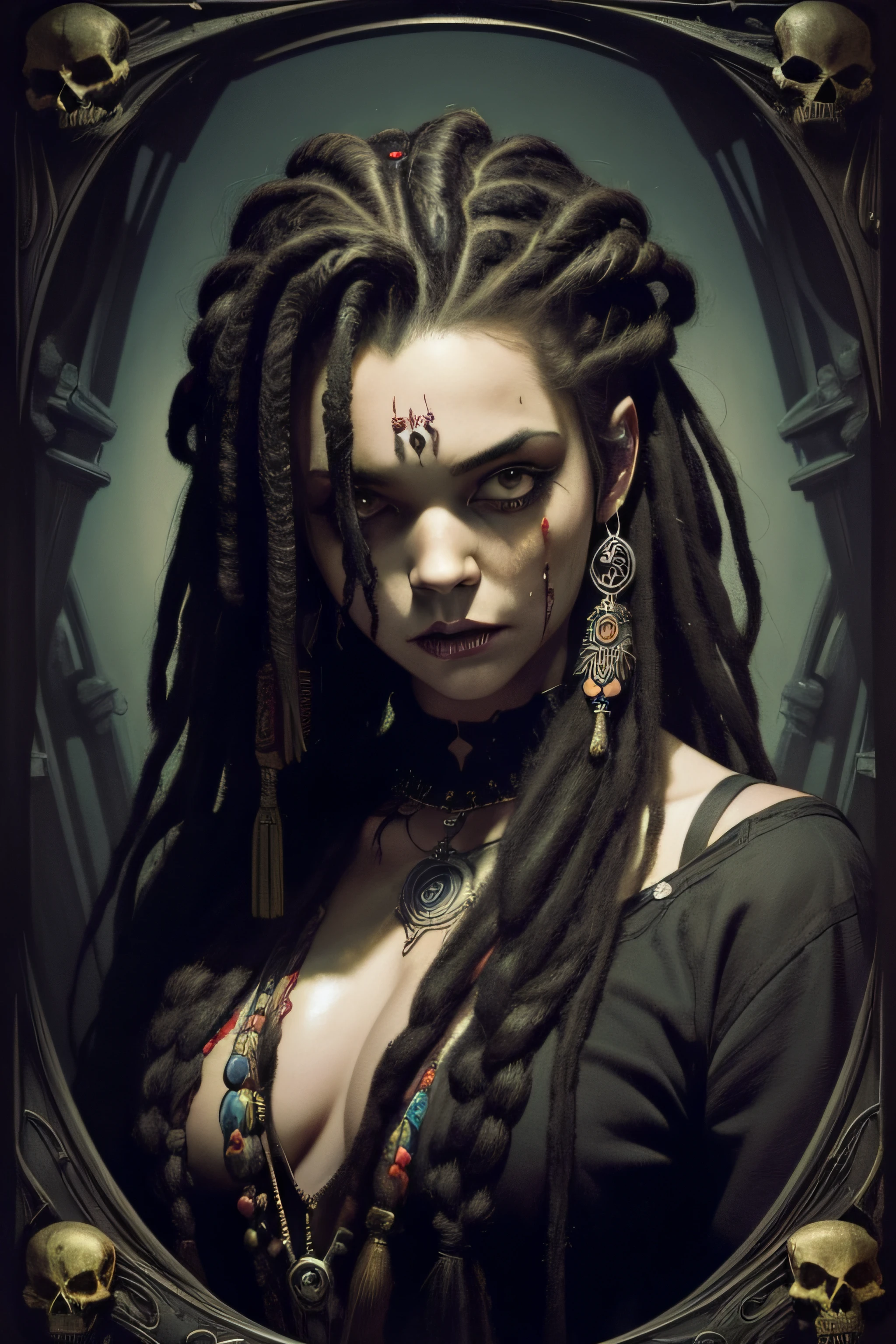((masterpiece:1.4 best quality:1.2))Zombie, black hair, psychedelic, spiral, vintage horror, dreadlocks, skulls, artwork portrait, adam hughes.
