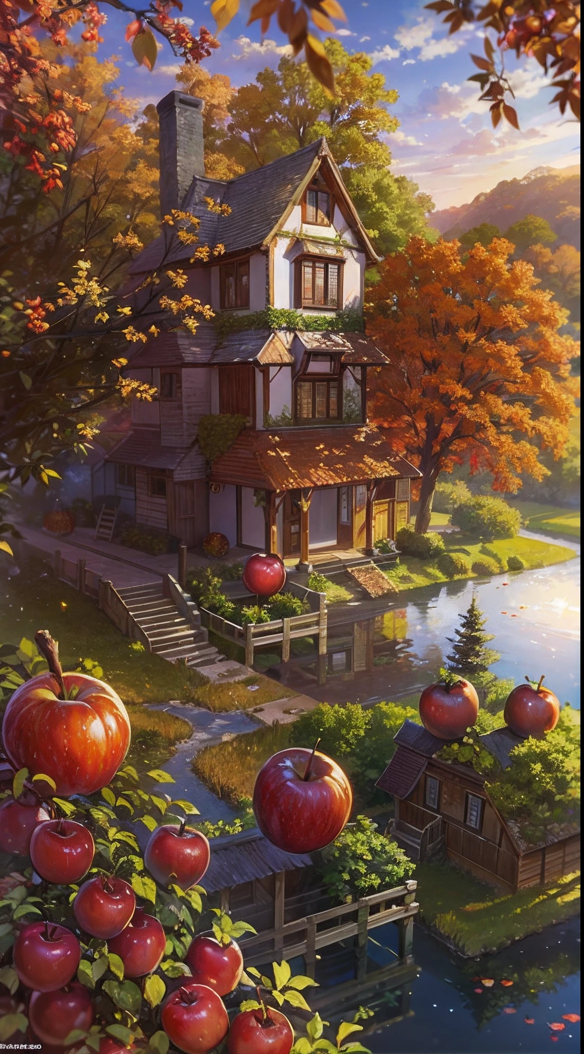 Faraway view,autumnal,Fairy tale style,Crystal World,It's beautiful,Many houses are made of red apples,The surrounding ground is covered with fruits of various colors,Lots of small animals,Take the fruit home,Higher saturation,the setting sun,