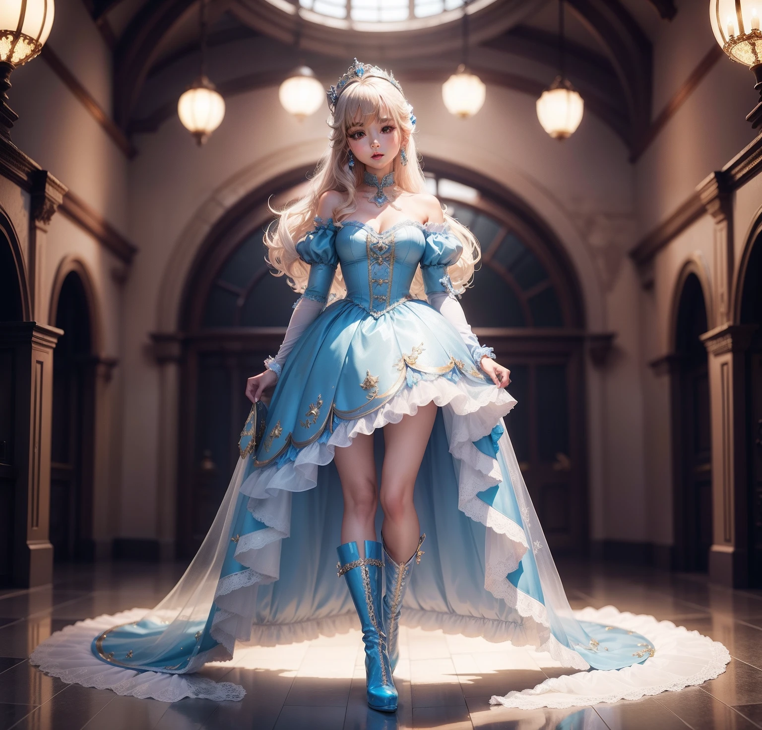 Female Idol in Cinderella Fashion(Mini dress made of glass material、Glasney High Boots)、full body Esbian、Glazed castle、Putting hair together、Idol face、Looks fun