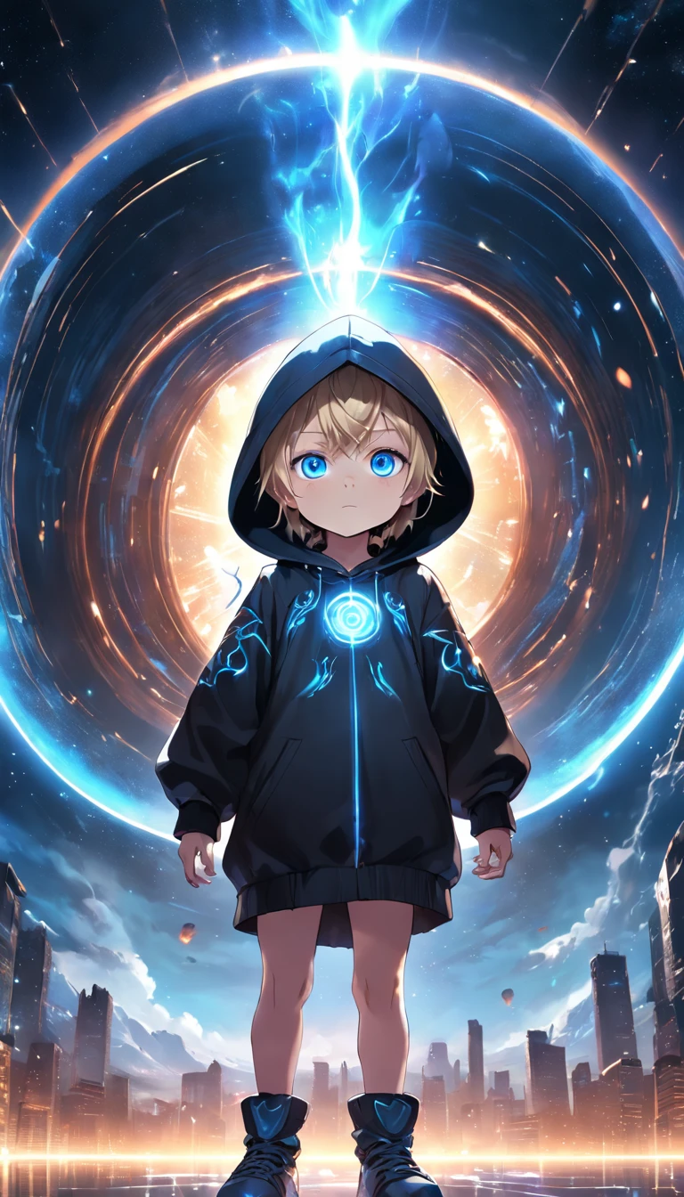 (A little boy with blue eyes in a black hood stands on a flashing complex space-time portal:1.5), (extremely detailed CG unity 16k wallpaper:1.1), (Denoising strength: 1.45), (tmasterpiece:1.37), (Full body posing:1.4:), whole-length, Dynamic angle, starry sky, lifelike texture, side lighting, (style of anime:1.5), Cute cute dark baby, glowing smoke neon eyes, fantasy, sparkle, glowing light, ray tracing, UHD