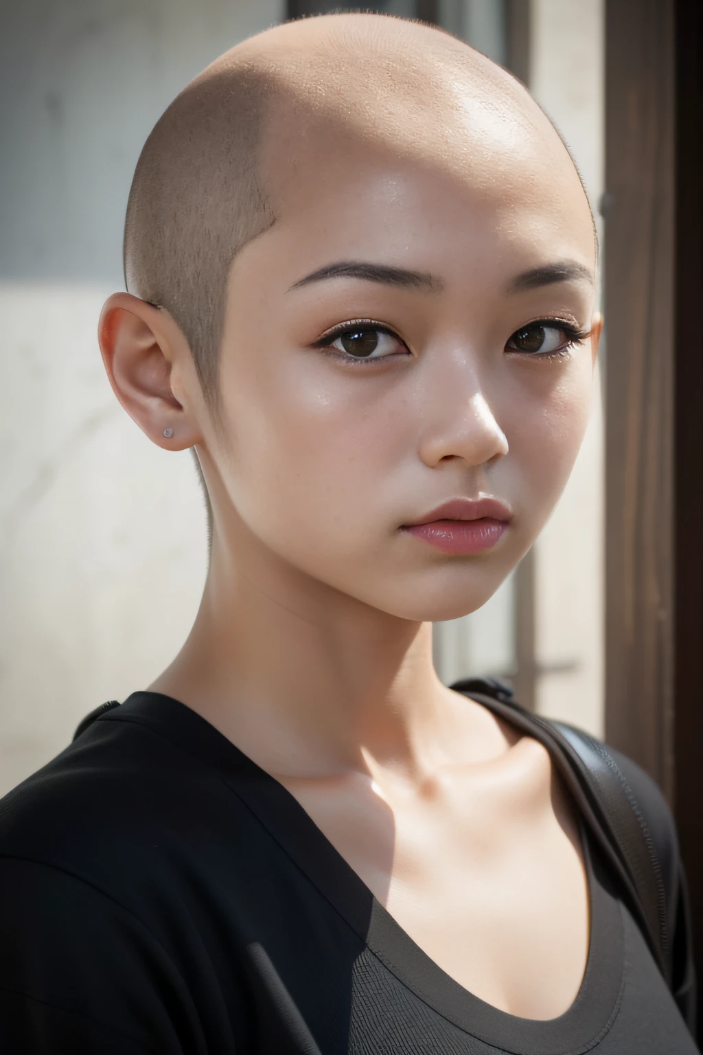 ((Hairstyle is shaved head, skinhead)), (Japan female), age 55 years old, 8K, photorealistic, photorealism, portrait, 85mm lens, depth of field, skin luster is delicate and fair, eyes are black, eyes are drooping, eyes are slightly apart, lips are plump, chubby, (Rino Katase), black corset, prison, prison, ( Chained from earlobe to nostril), (BDSM), corset, T-back